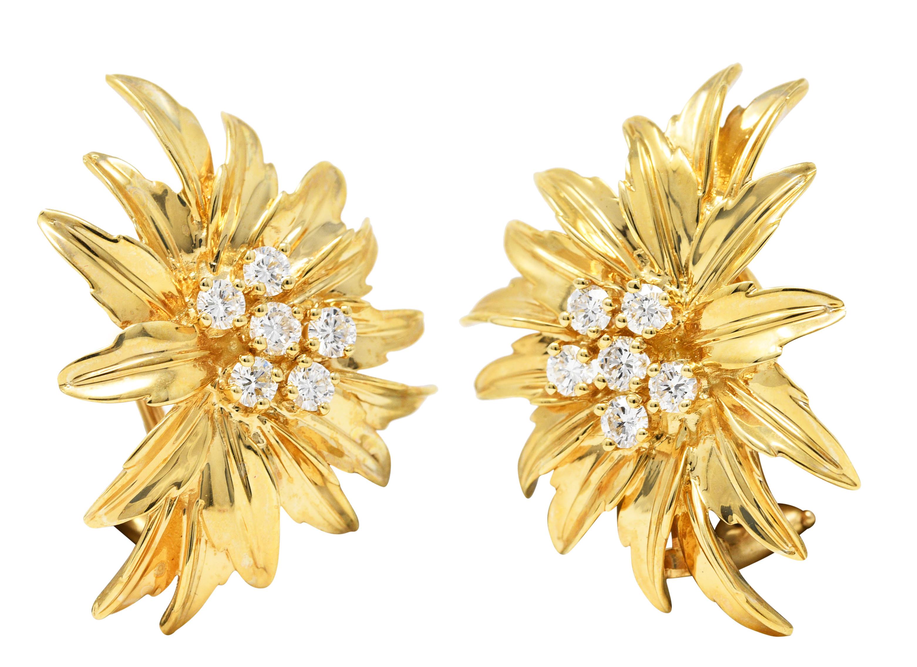 Dankner Diamond 14 Karat Yellow Gold Floral Burst Ear-Clip Earrings 1