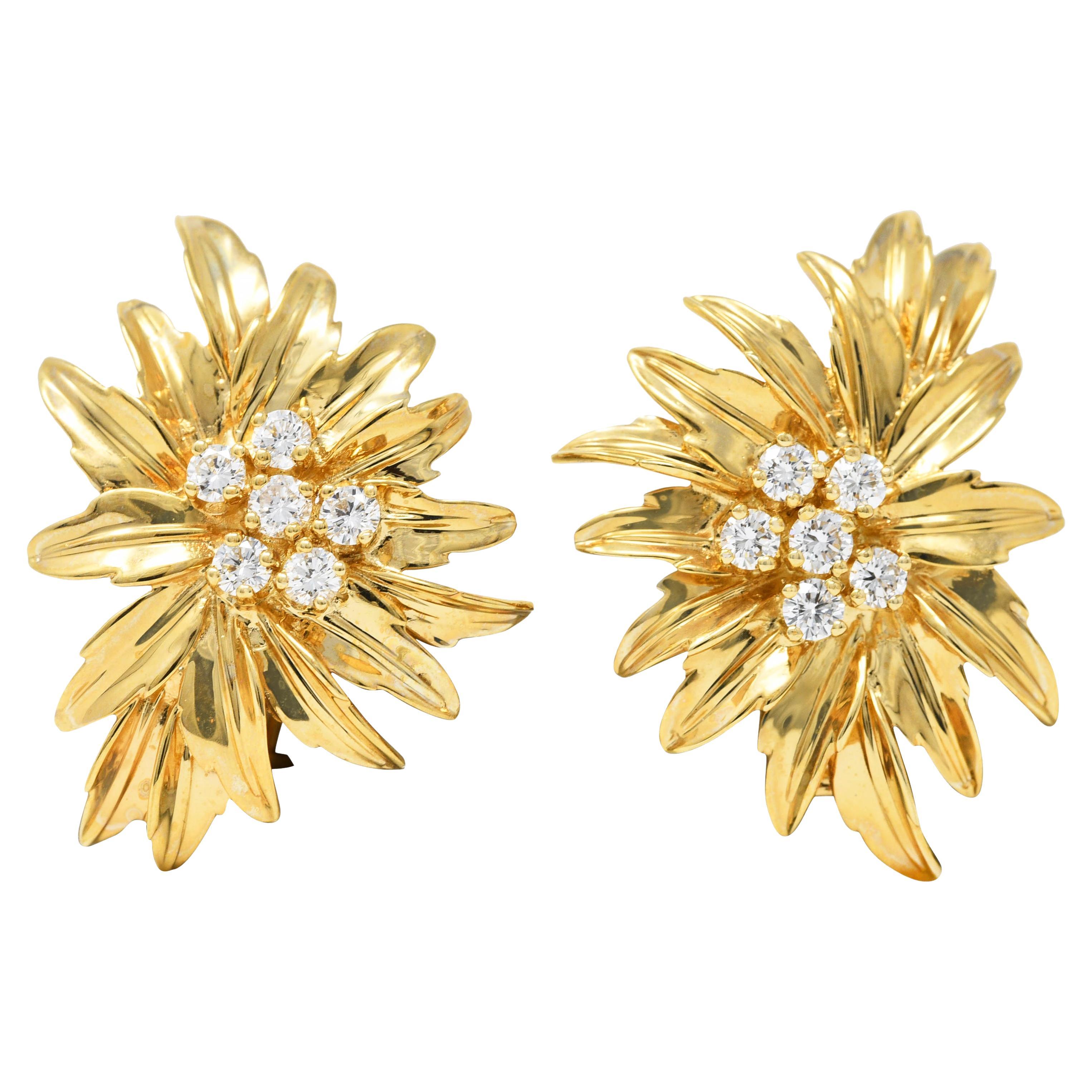 Dankner Diamond 14 Karat Yellow Gold Floral Burst Ear-Clip Earrings