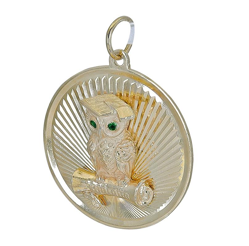 Perfect to celebrate that special graduate.  Rare example of a HENRY DANKNER & SONS 14K charm with a well detailed figural owl representing wisdom wearing graduation cap perched above a figural rolled parchment engraved 