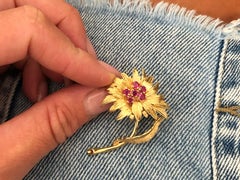 Dankner Ruby Flower Gold Brooch 14k Yellow Gold