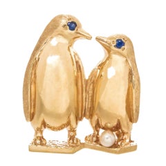 Vintage Dankner Yellow Gold and Gem Set Penguins Brooch