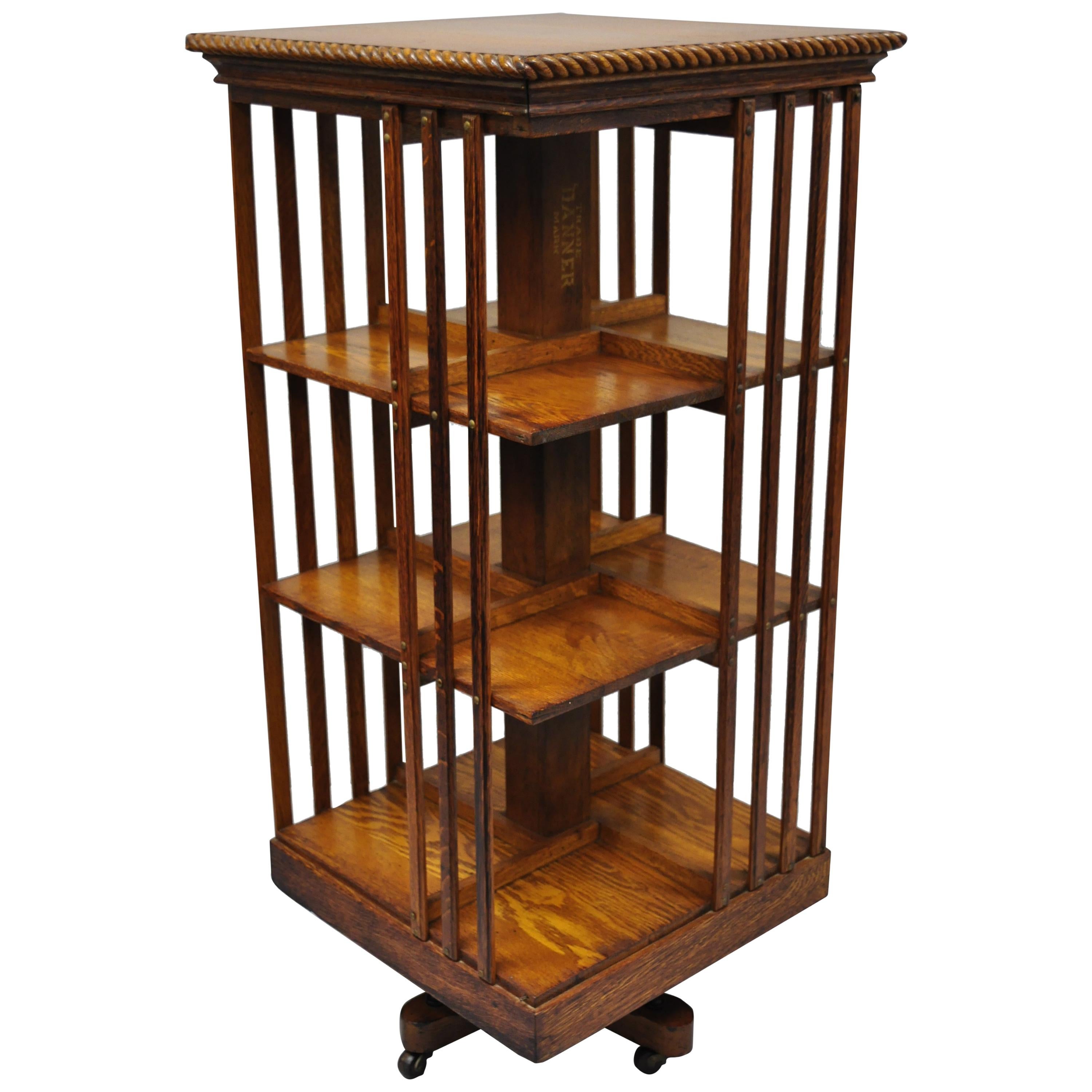 Danner Oak Revolving Lawyers Bookcase Stand Three-Tier Mission Arts & Crafts