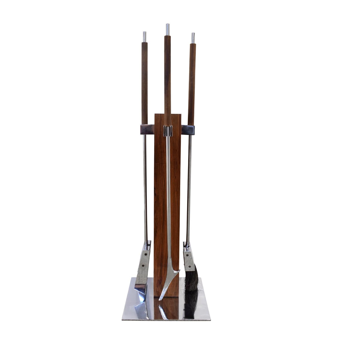Danny Alessandro Fireplace Tool Set In Brazilian Rosewood and Chrome 1980s In Excellent Condition For Sale In New York, NY