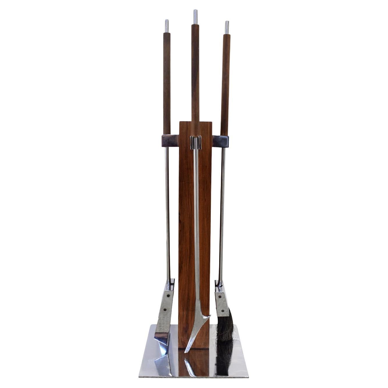 Danny Alessandro Fireplace Tool Set In Brazilian Rosewood and Chrome 1980s For Sale