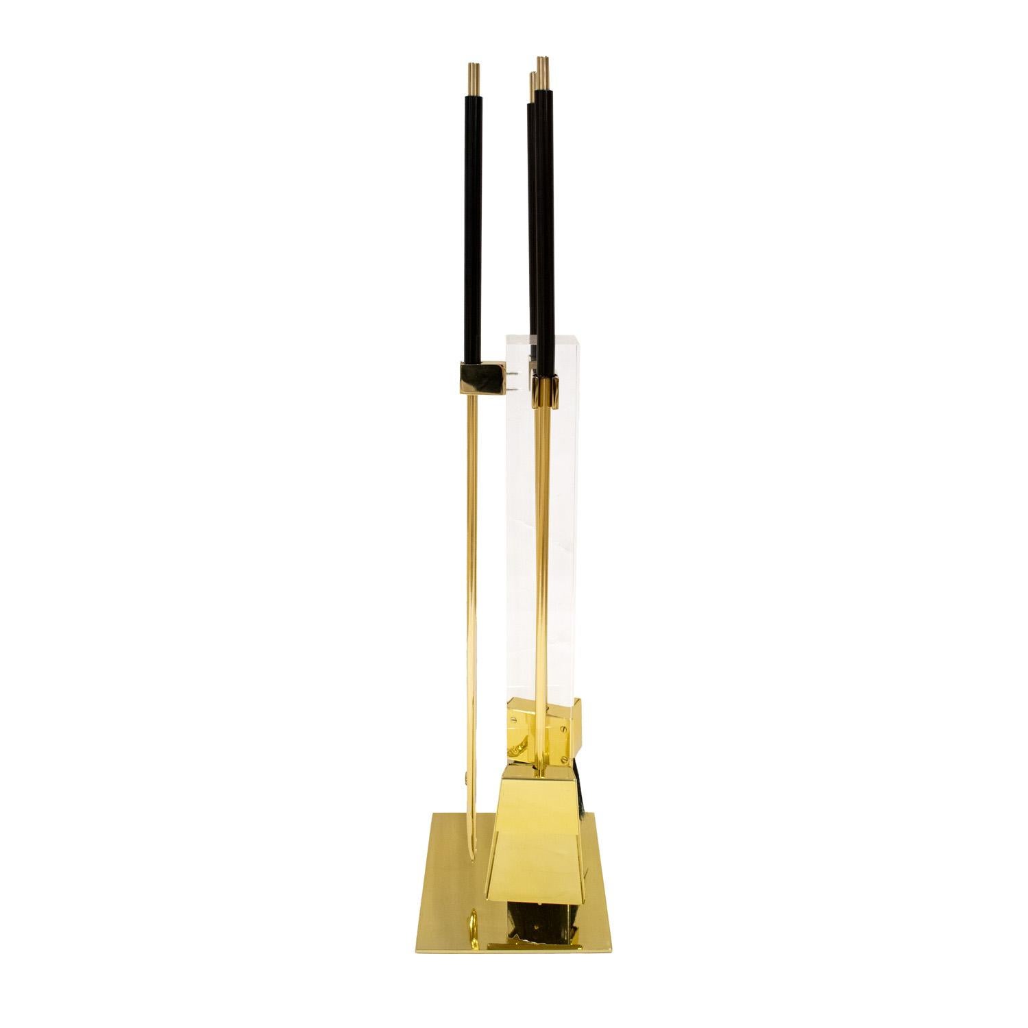 Modern Danny Alessandro Fireplace Tool Set in Lucite and Brass 1980s