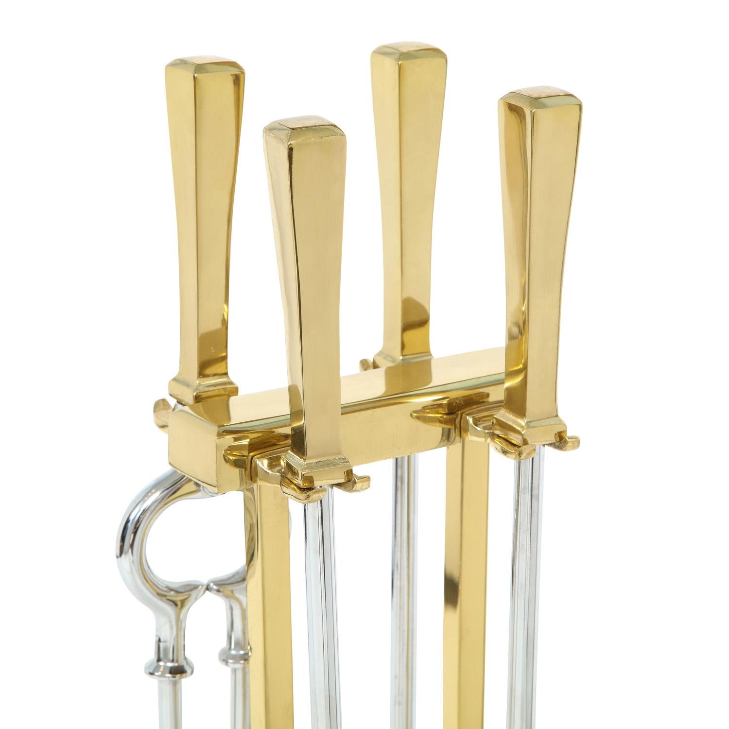 Hand-Crafted Danny Alessandro Fireplace Tool Set in Polished Steel and Brass, 1980s