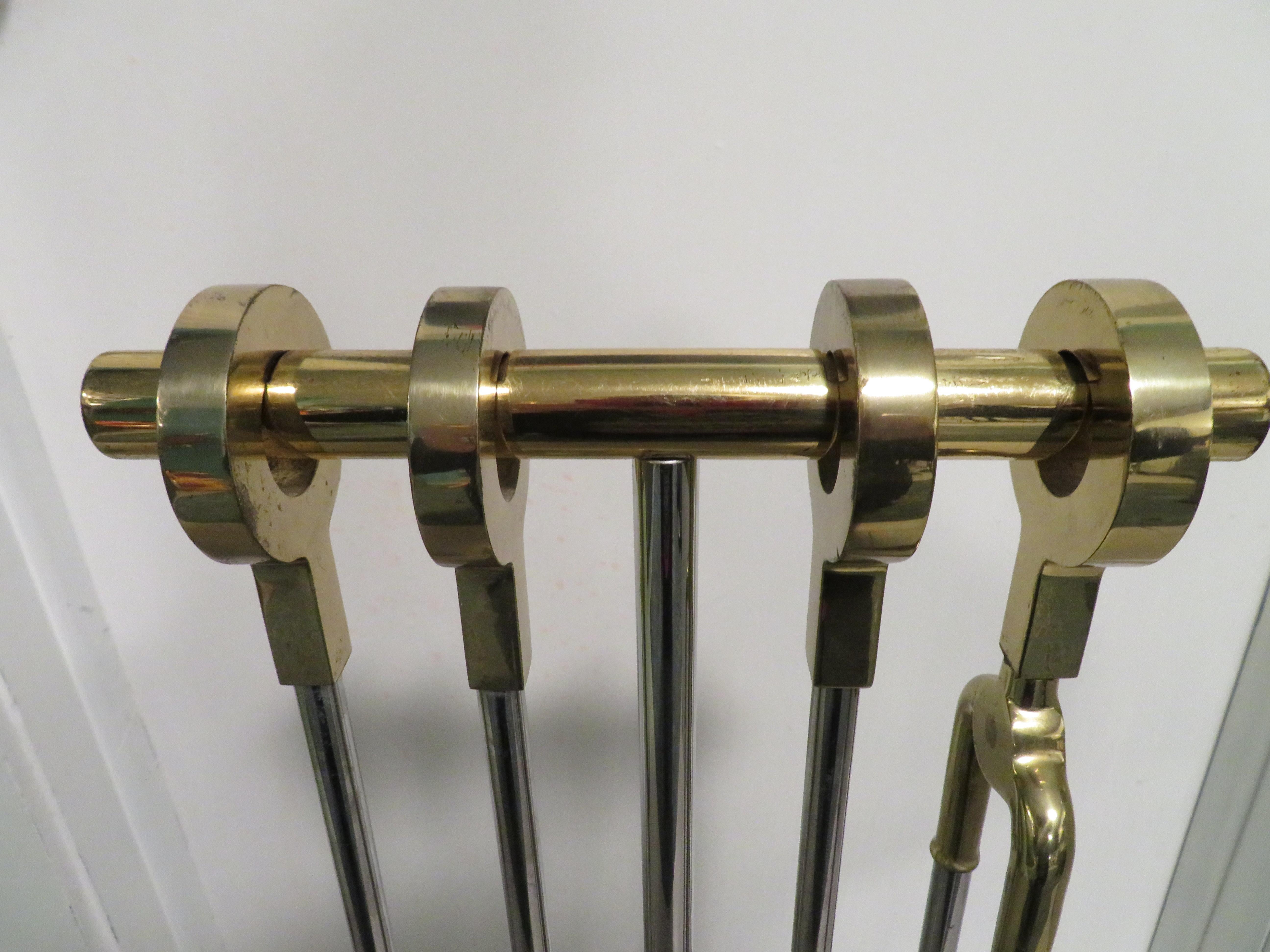 Mid-Century Modern Danny Alessandro Fireplace Tools Brass Chrome Ring Handle, USA, 1970s