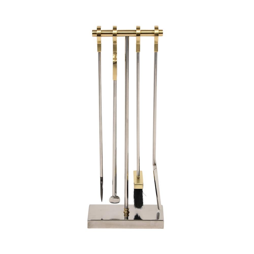 Outils de cheminée Danny Alessandro, en laiton et chrome, manche en anneau. Ensemble d'outils à feu en fonte de grande qualité, 5 pièces, avec poignées en anneau, finition laquée.  