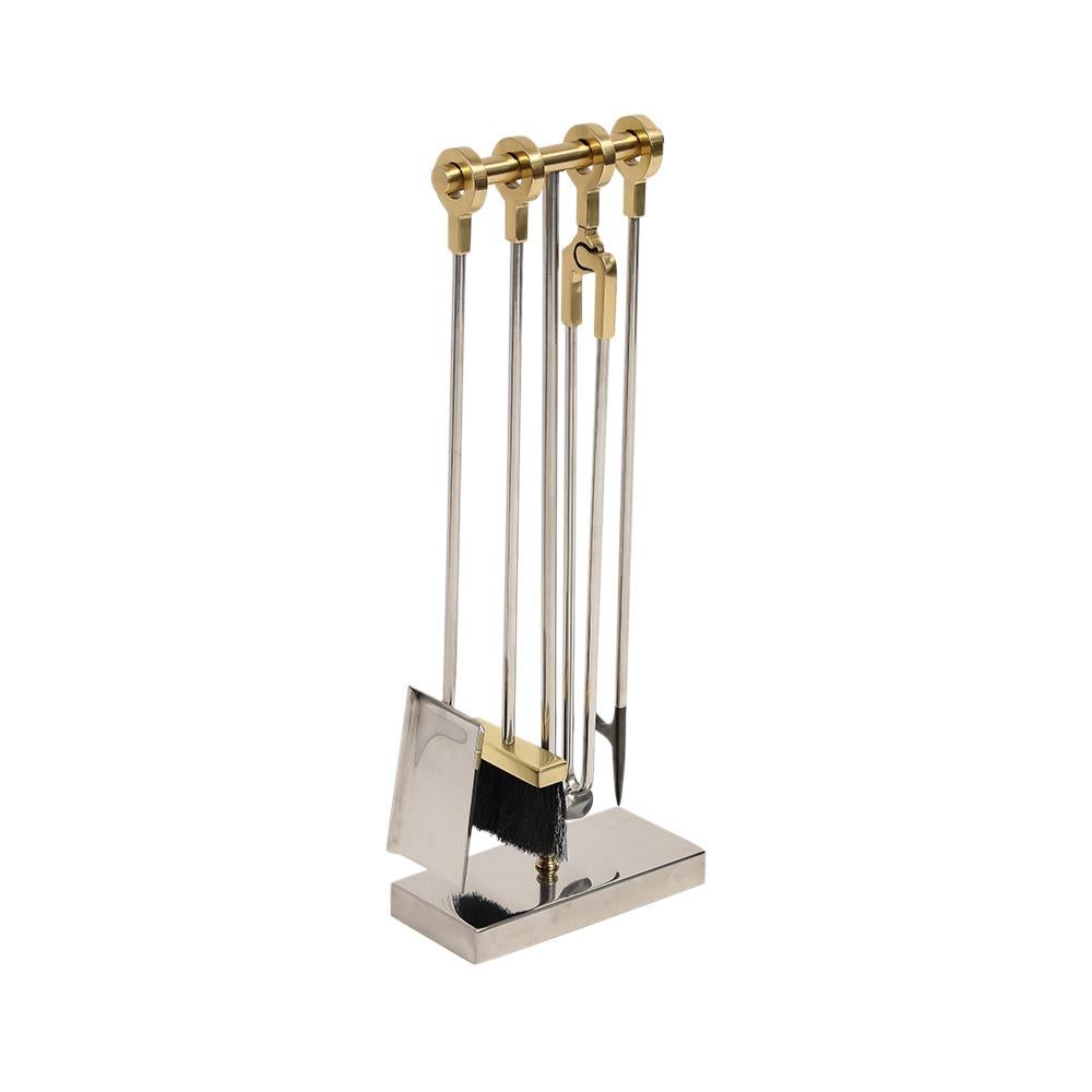 Mid-Century Modern Outils de cheminée Danny Alessandro, laiton, chrome nickel, poignée annulaire en vente