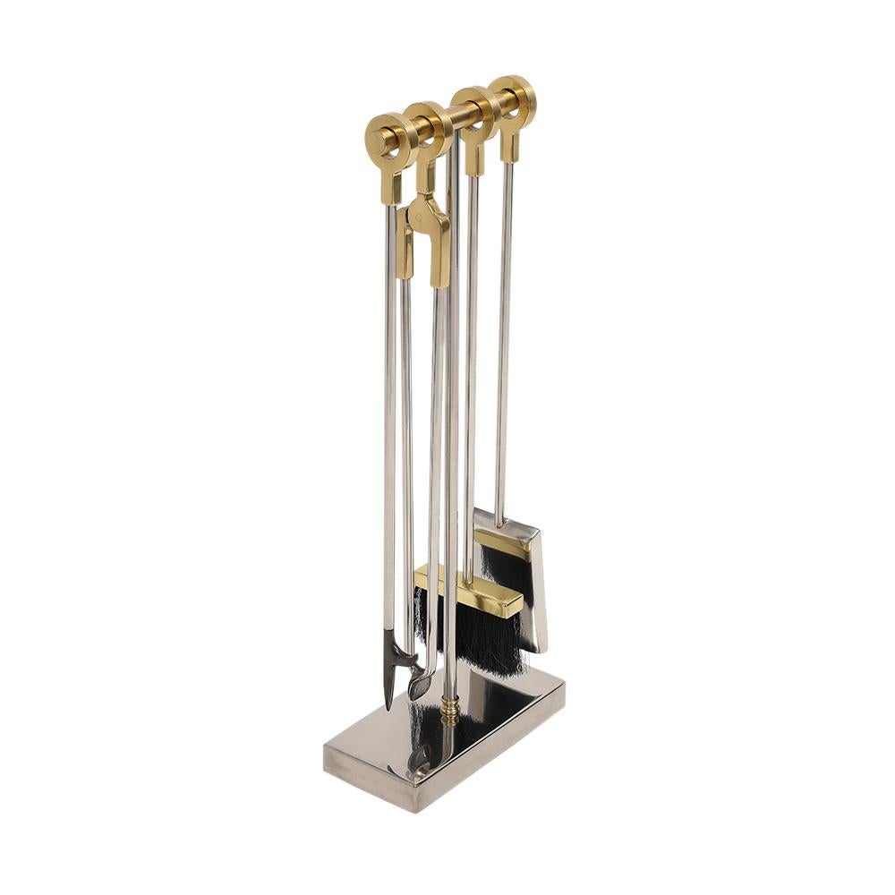 Fin du 20e siècle Outils de cheminée Danny Alessandro, laiton, chrome nickel, poignée annulaire en vente