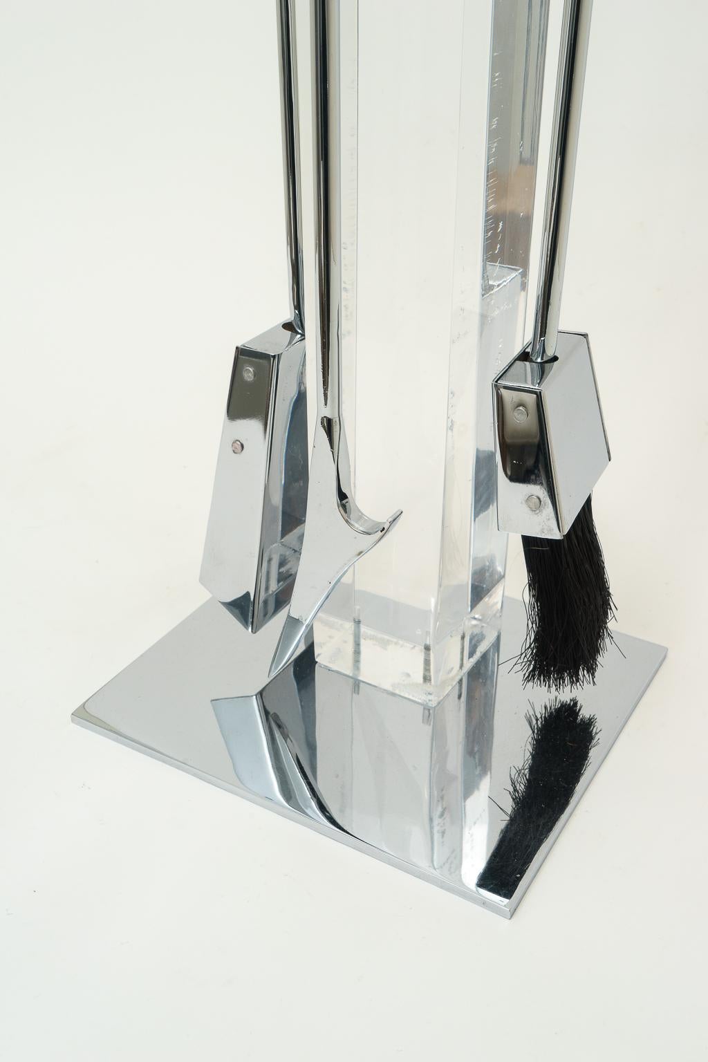 Polished Danny Alessandro Fireplace Tools in Lucite and Chrome For Sale