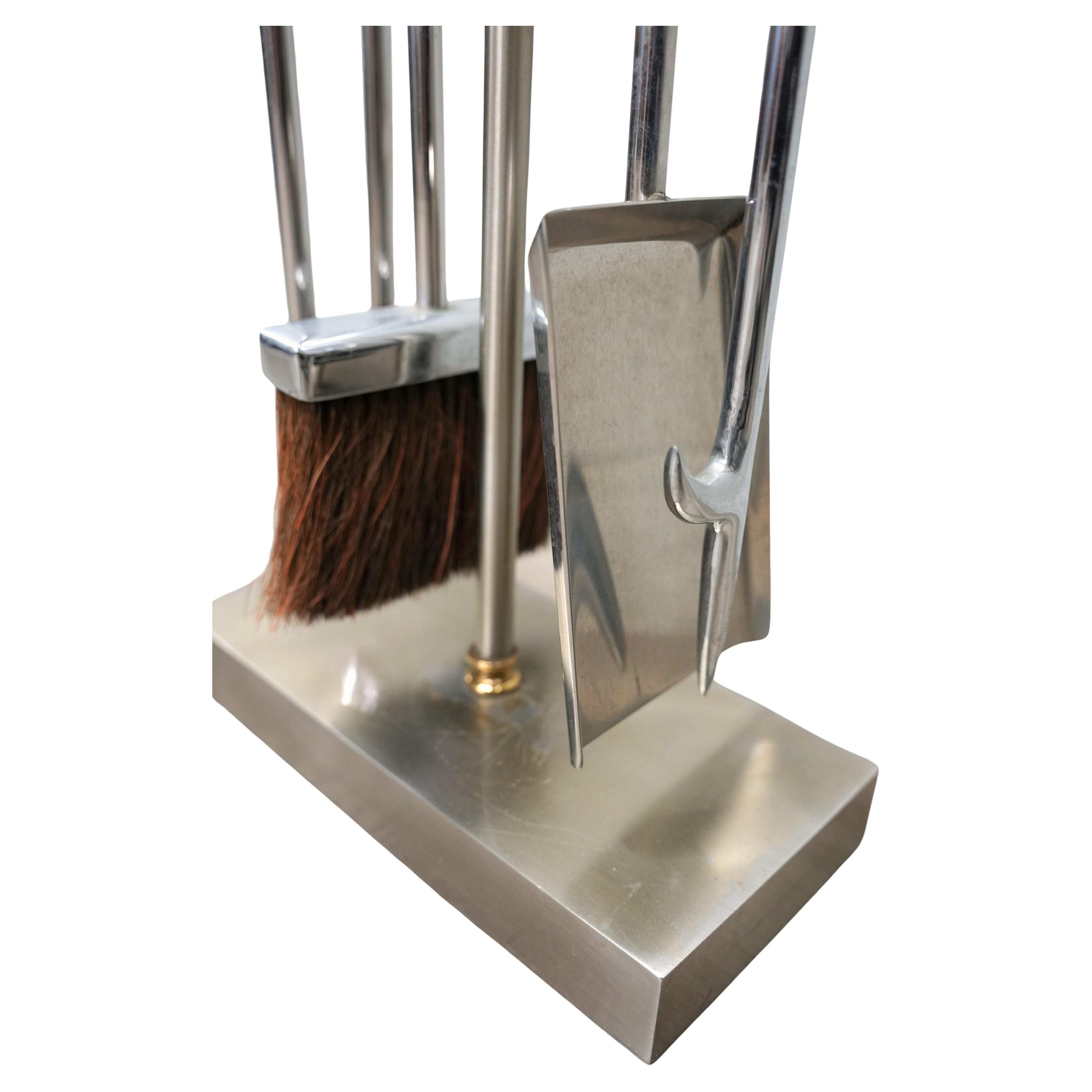 American Danny Alessandro Fireplace Tools in Nickel and Brass with Ring Handle, 1980s For Sale