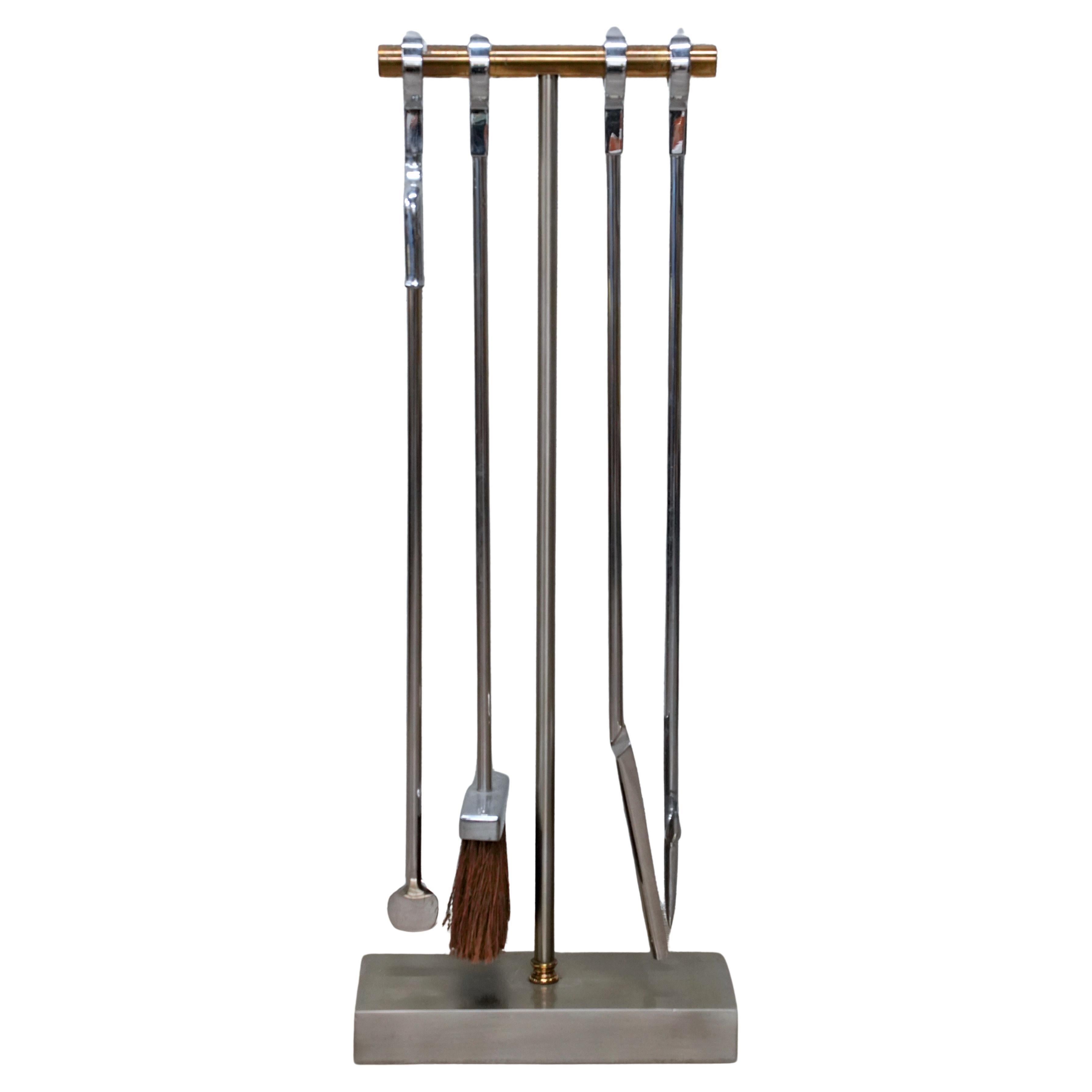 Danny Alessandro Fireplace Tools in Nickel and Brass with Ring Handle, 1980s For Sale 1