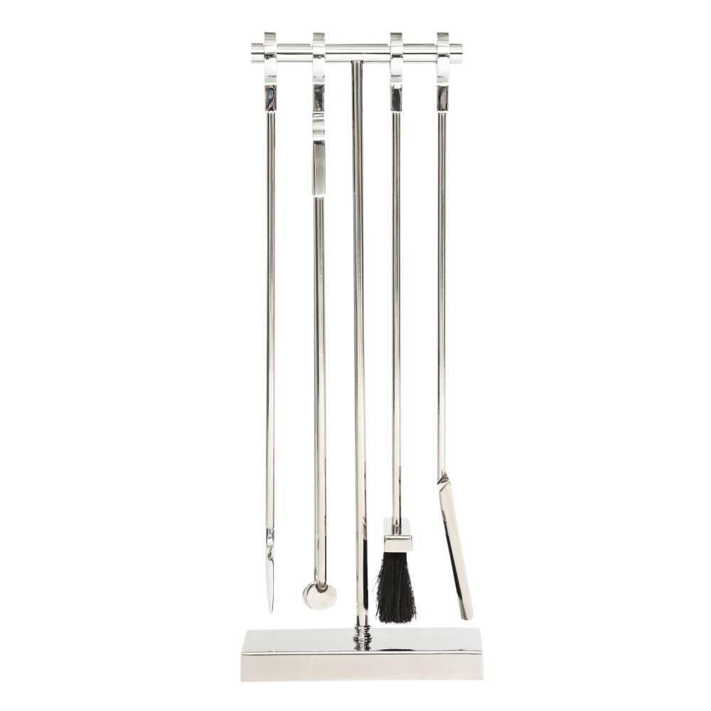 Danny Alessandro fireplace tools, chrome, steel, ring handles. Quality cast steel fire tools with ring handles and finished in nickeled chrome. Alessandro sold his fireplace designs, andirons, firetools, and screens, through his Upper East Side