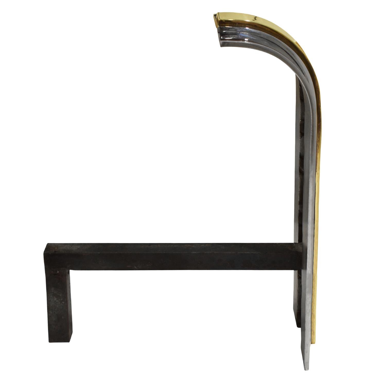 Hand-Crafted Danny Alessandro Pair of Andirons in Polished Steel and Brass 1984 For Sale