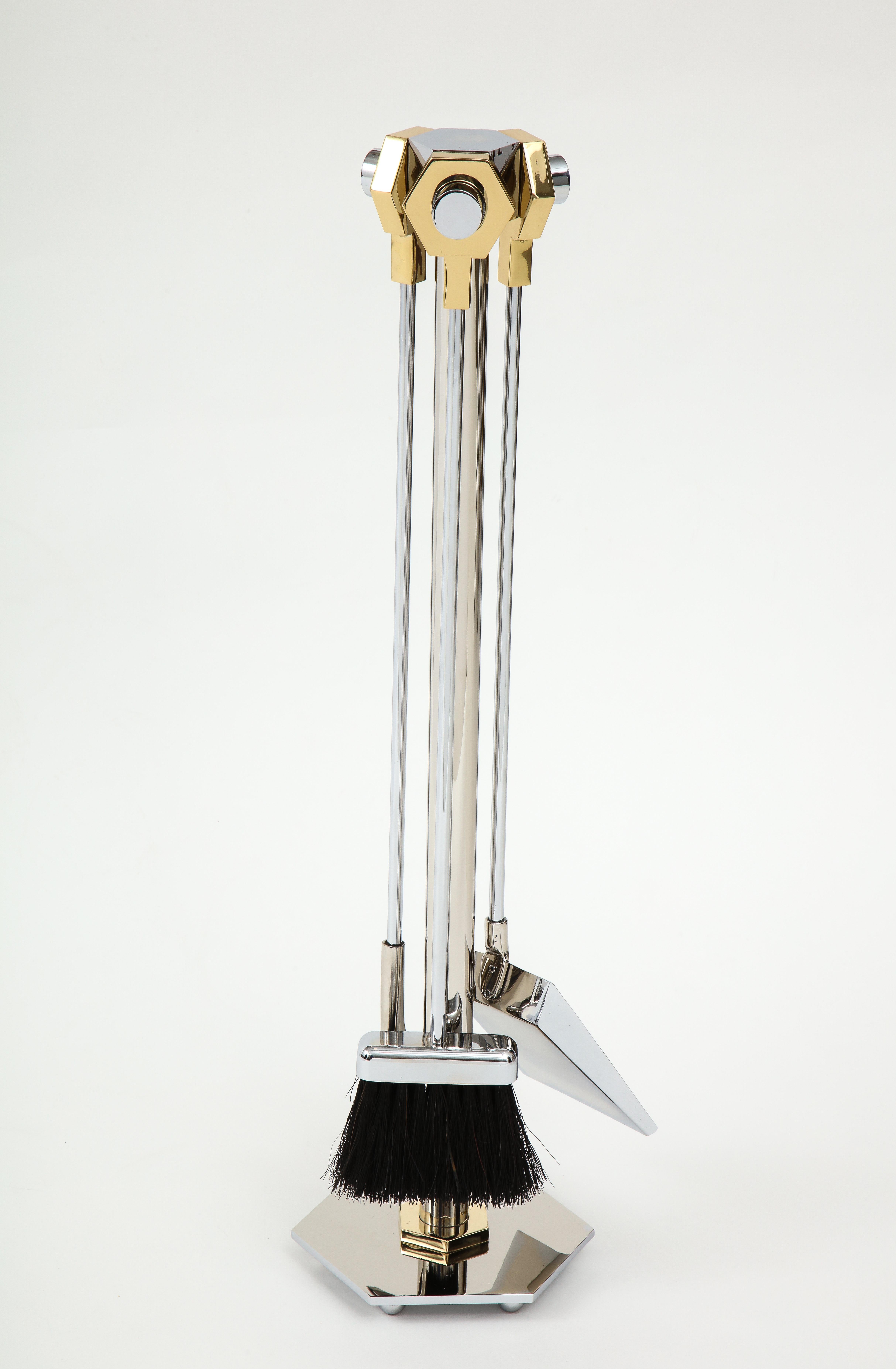 Modern Danny Alessandro Steel and Brass Fireplace Tools