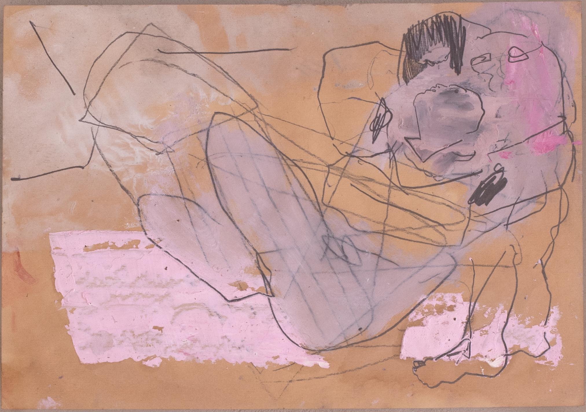 Contemporary Abstract Figurative Mixed Media Drawing Pink Neutral Danny Avidan - Beige Abstract Painting by Danny Avidan 