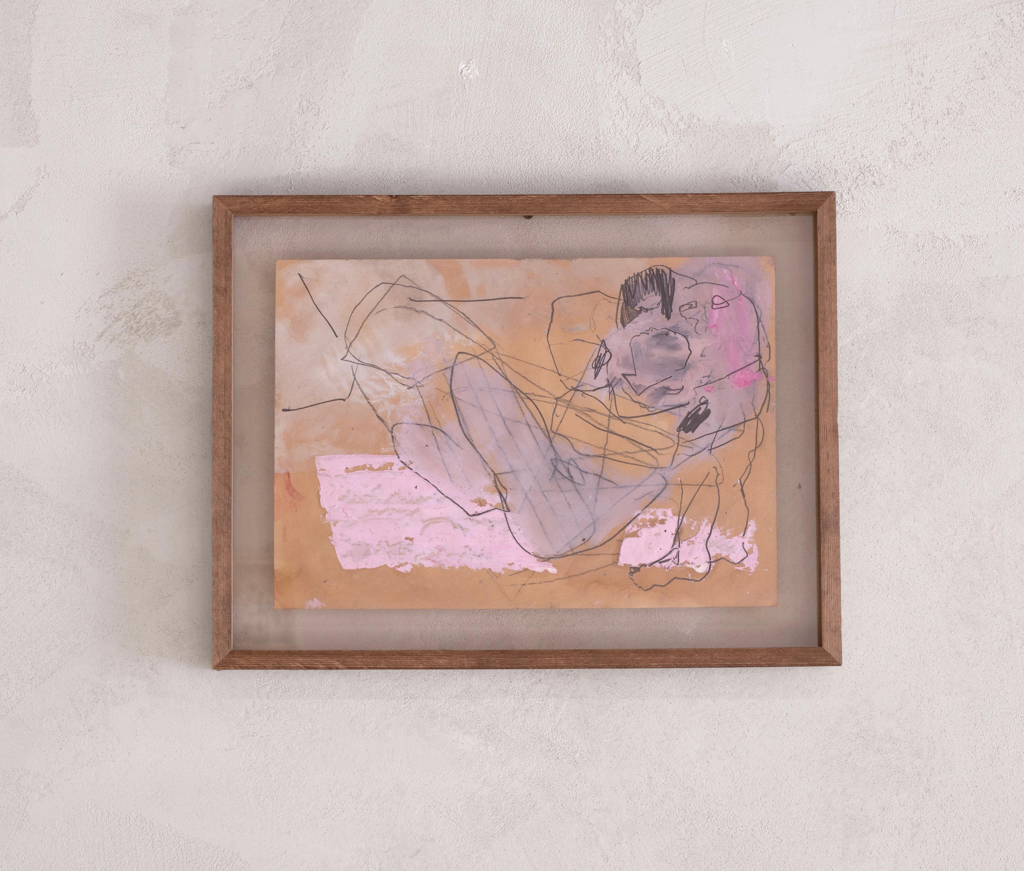 Danny Avidan  Abstract Painting - Contemporary Abstract Figurative Mixed Media Drawing Pink Neutral Danny Avidan