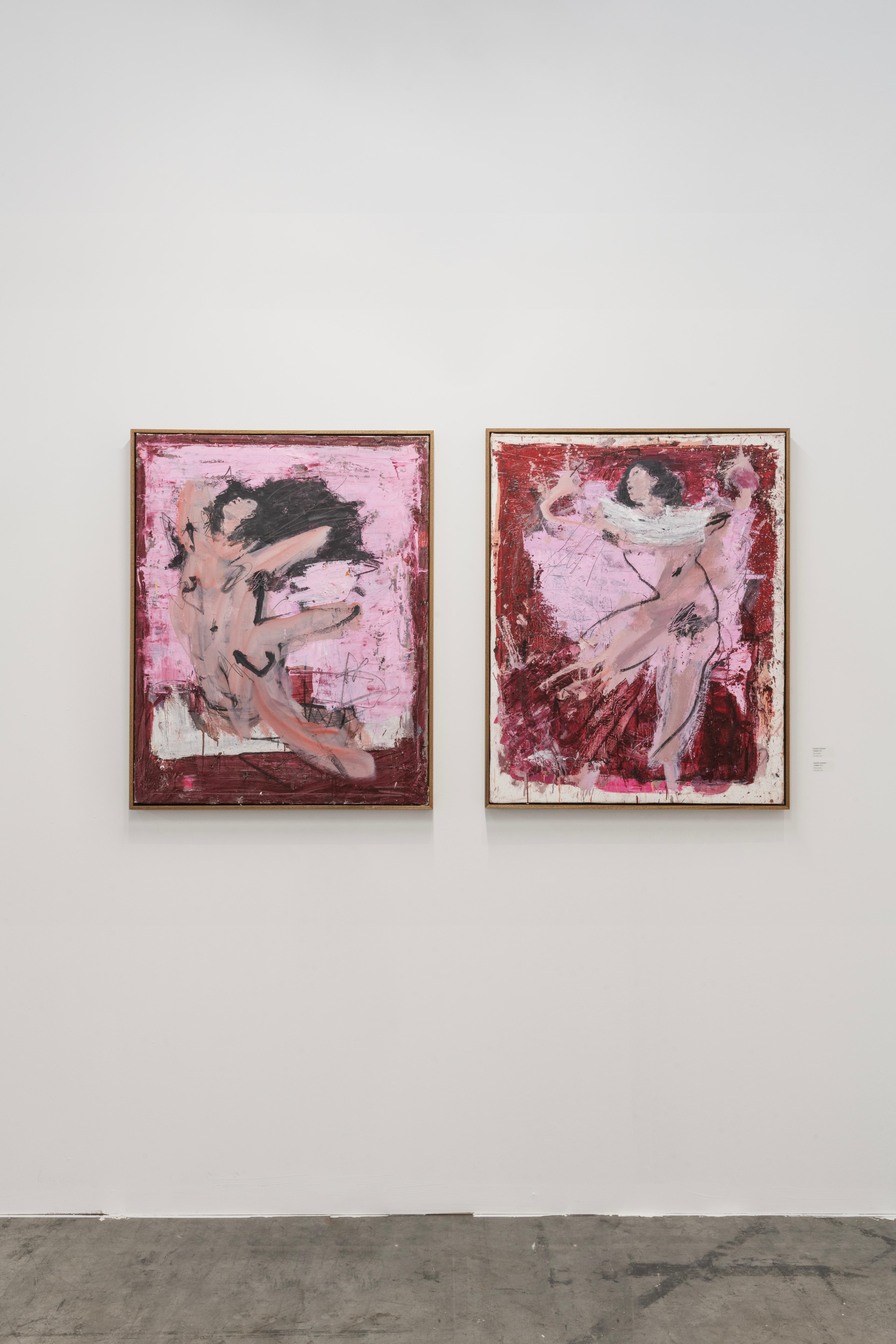 Abmessungen:
Jede Tafel: 103 × 83 × 5 cm (ungerahmt)
Diptychon insgesamt: ca. 103 × 166 × 5 cm 

Beschreibung:
Dieses Diptychon von Danny Avidan fängt die rohe Energie der Bewegung durch gestische Pinselführung und überlagerte Texturen ein. Mit