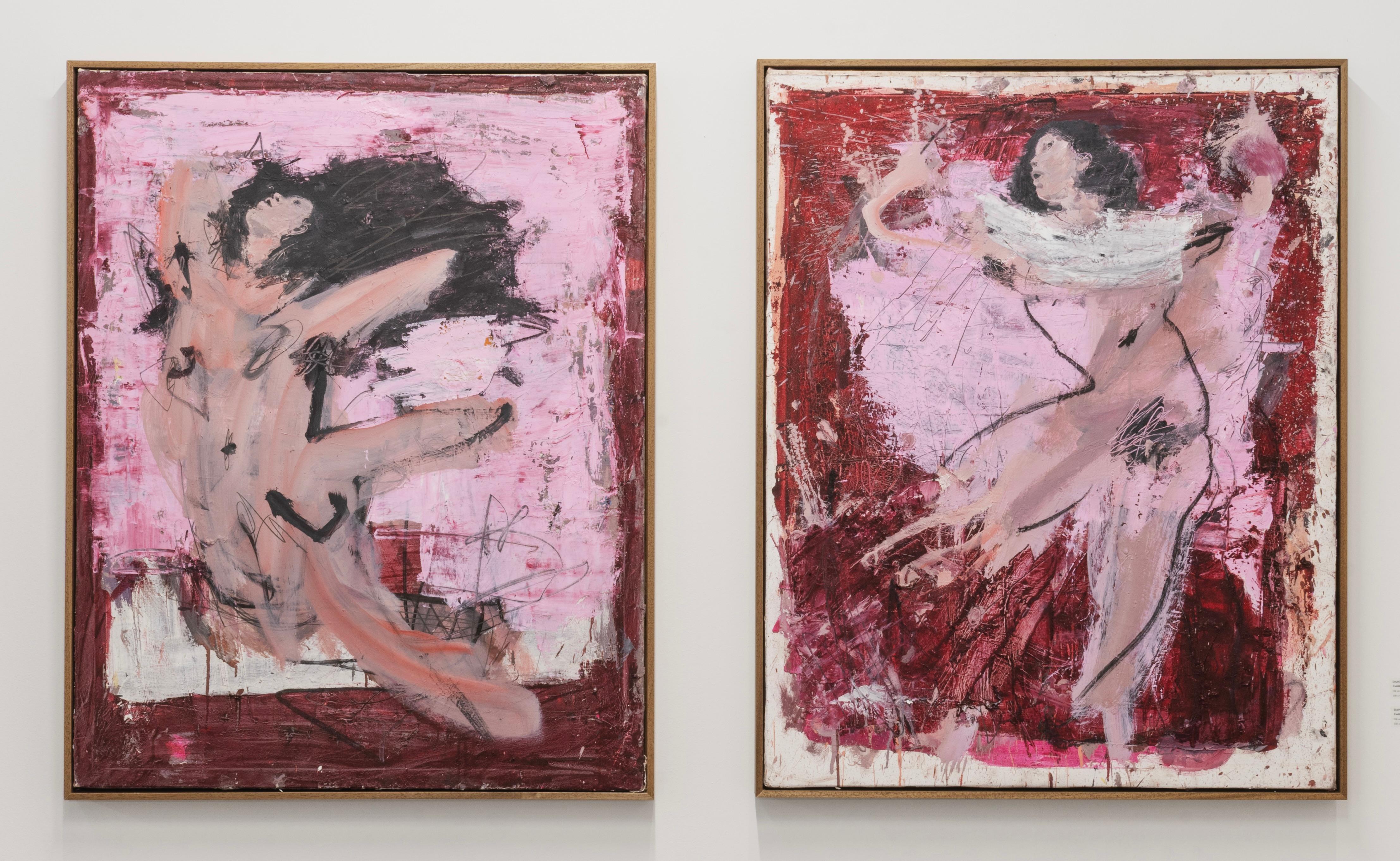 Tänzer (Diptychon) von Danny Avidan, 2025 - Ausdrucksstarke abstrakte Figuren in Rosa im Angebot 1