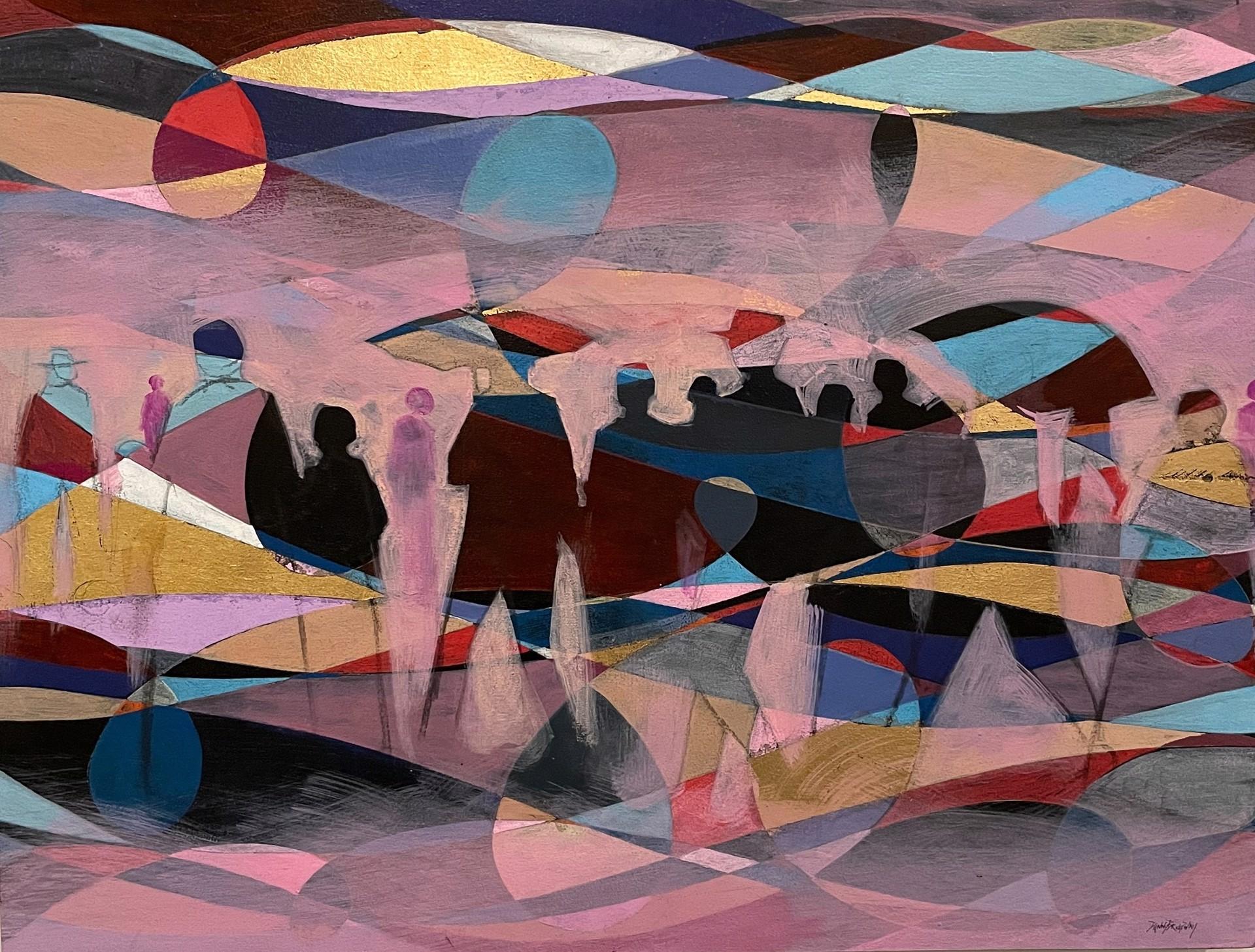 Danny Broadway Figurative Painting - The Gathering, acrylic painting, colorful, people, light and emotion