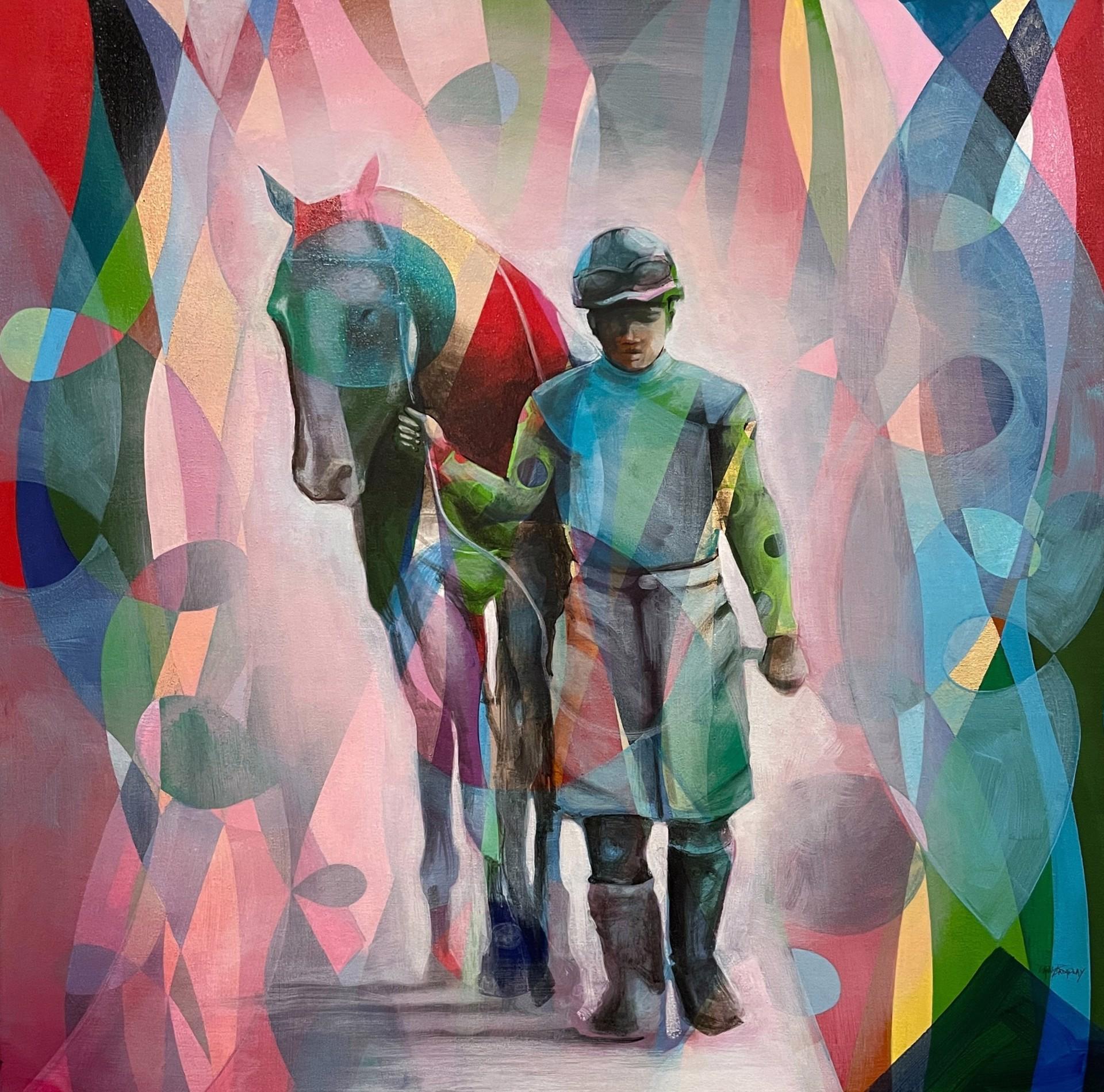 Danny Broadway Portrait Painting - Whispers, acrylic painting, colorful, people, horses, light and emotion
