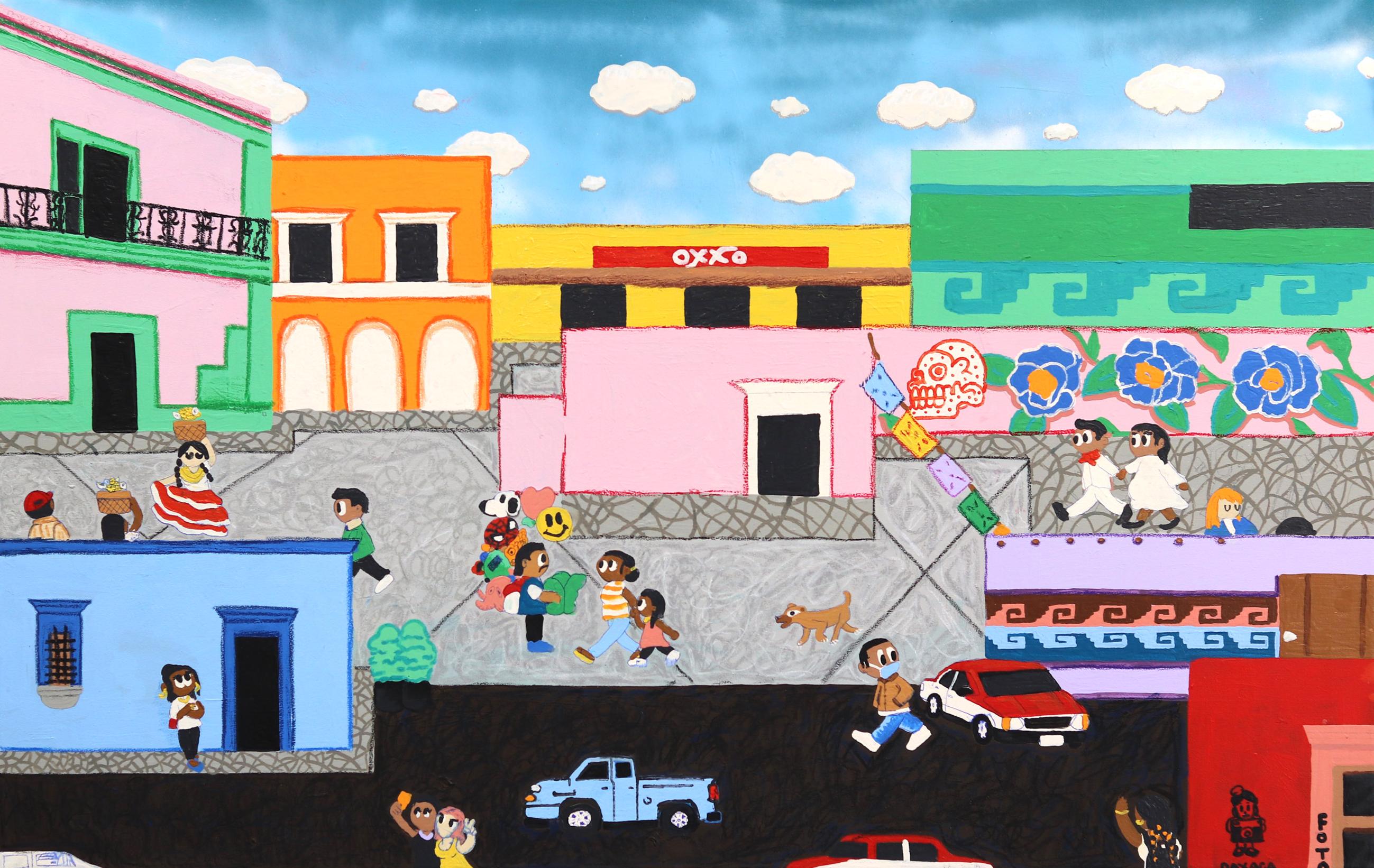 Danny Brown Figurative Painting - De Donde Eres - Large Colorful Original City Painting