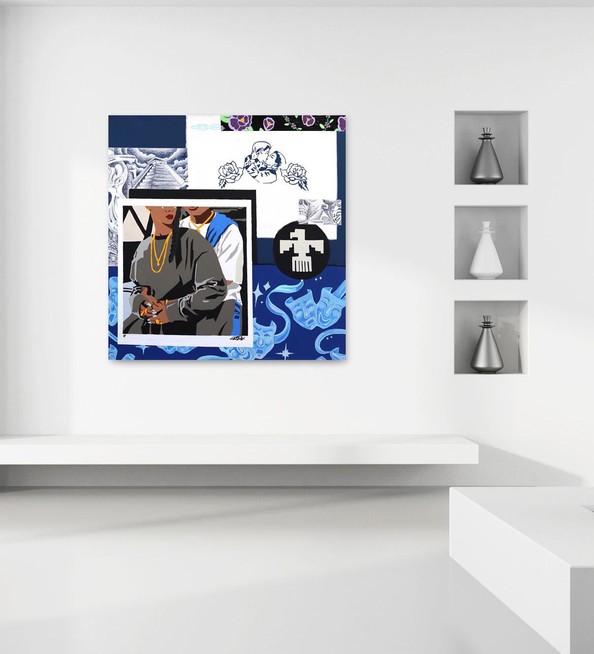 Four Letter Word - Blue Abstract Figurative Original by Los Angeles Artist - Street Art Painting by Danny Brown