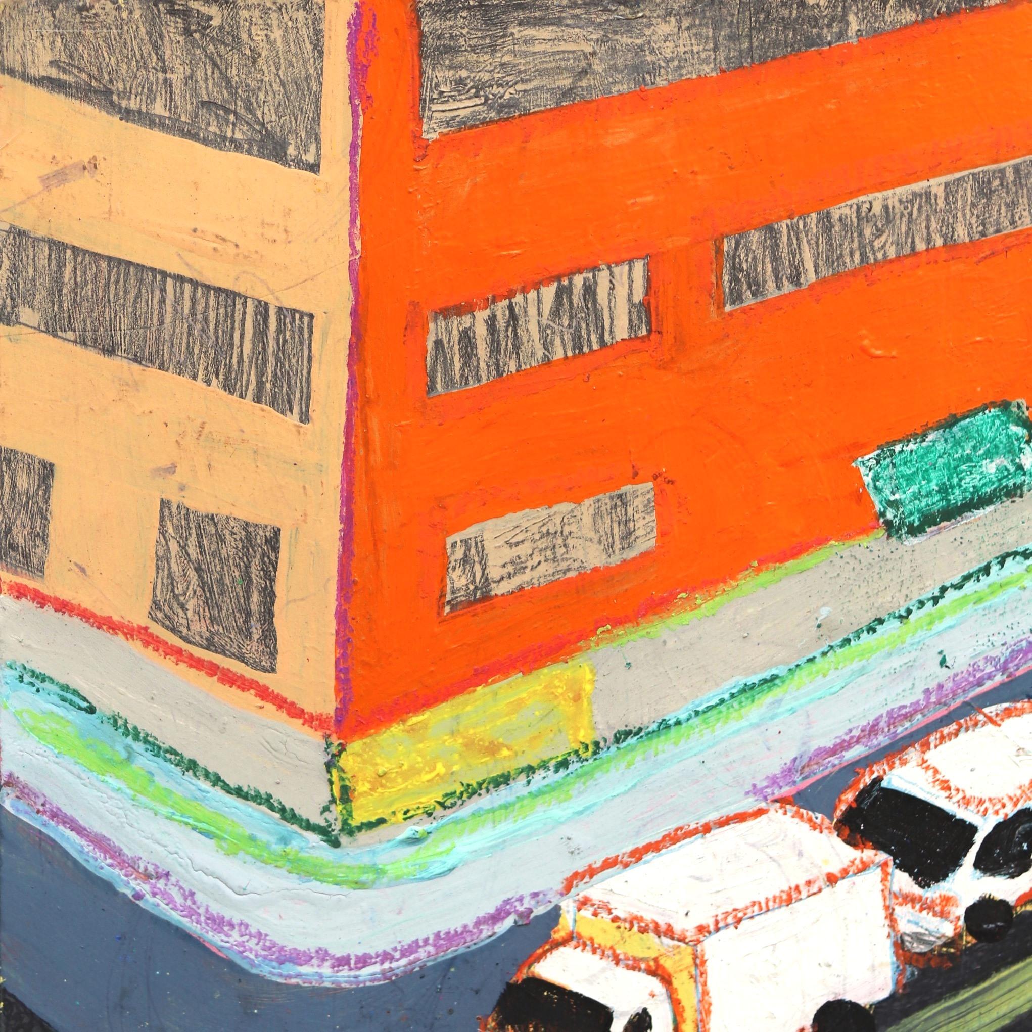 Los Ninos De Calle - Peinture originale colorée représentant des voitures de construction commerciales sur route - Painting de Danny Brown