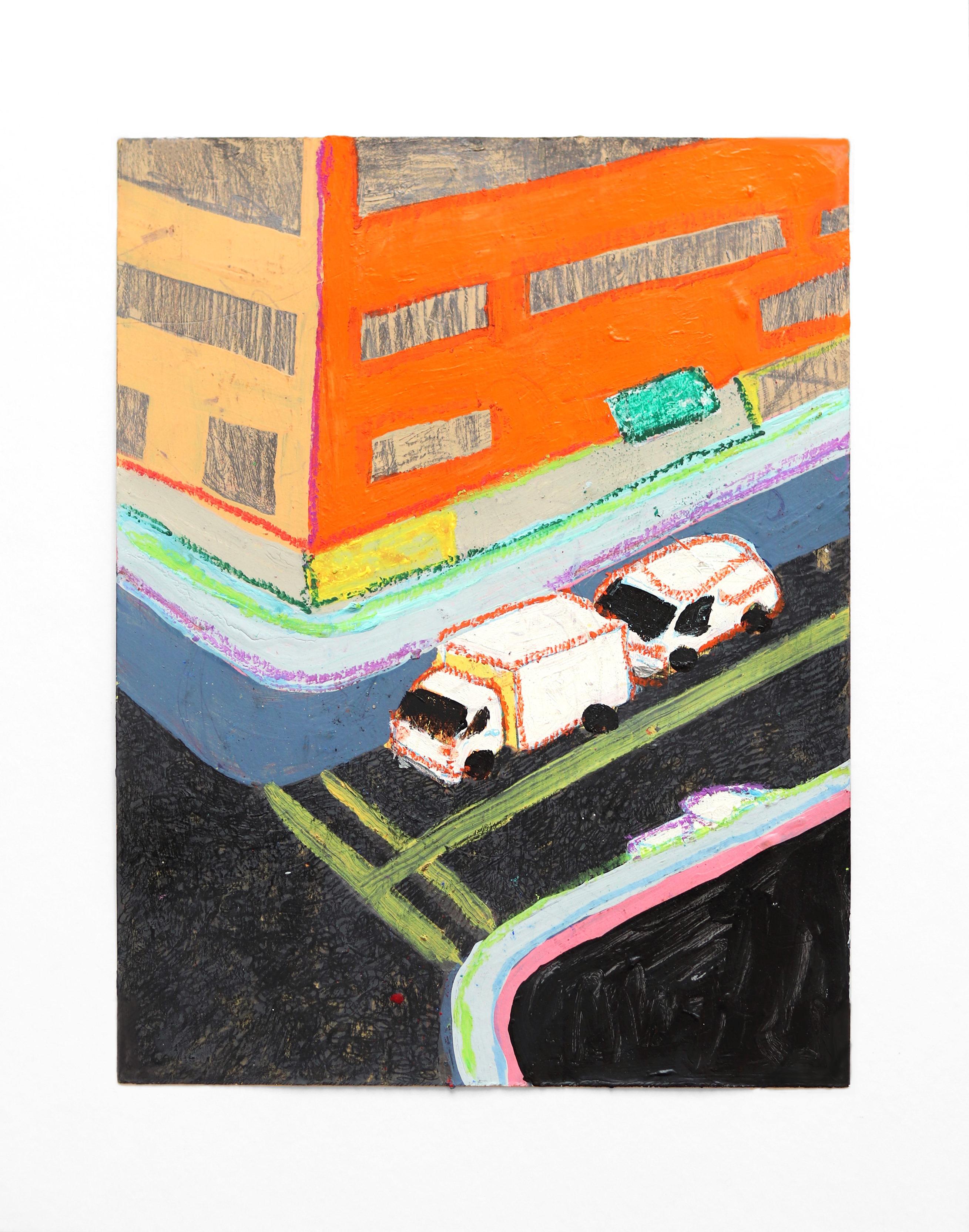 Los Ninos De Calle - Peinture originale colorée représentant des voitures de construction commerciales sur route
