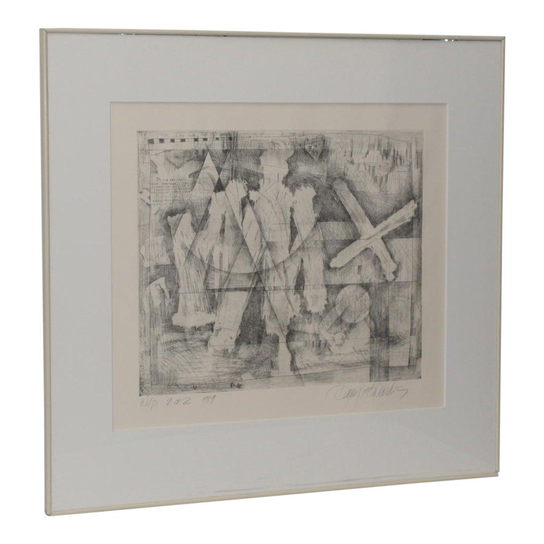 Danny Edwards Abstract Black & White Etching c.1989

Fine abstract etching by Danny Edwards.

Pencil signed and numbered 2/2 by the artist.

Plate dimensions 23.5 x 20. The frame measures 38 x 36.

Very good condition w/ minor separation to the