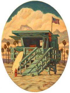 De servicio, Danny Galieote, Óleo sobre lienzo, Paisaje marino, Playa, Socorrista, Americana Pop