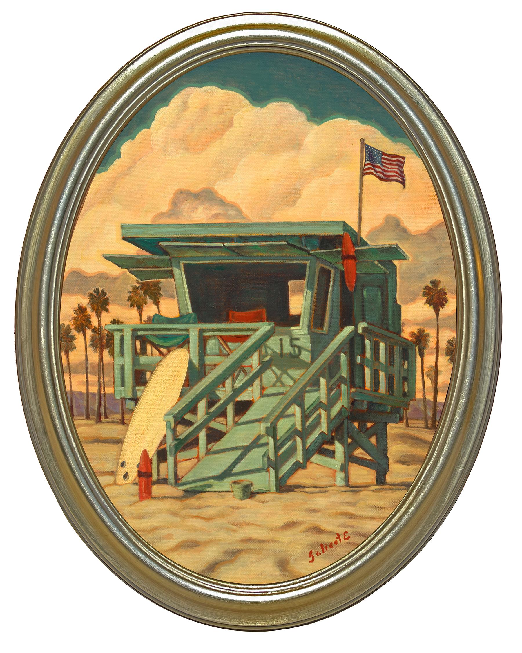 De servicio, Danny Galieote, Óleo sobre lienzo, Paisaje marino, Playa, Socorrista, Americana Pop
