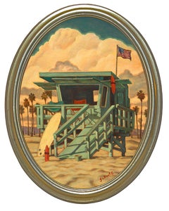 On Duty, Danny Galieote, Huile sur toile, Seascape Beach, Lifeguard, Americana Pop