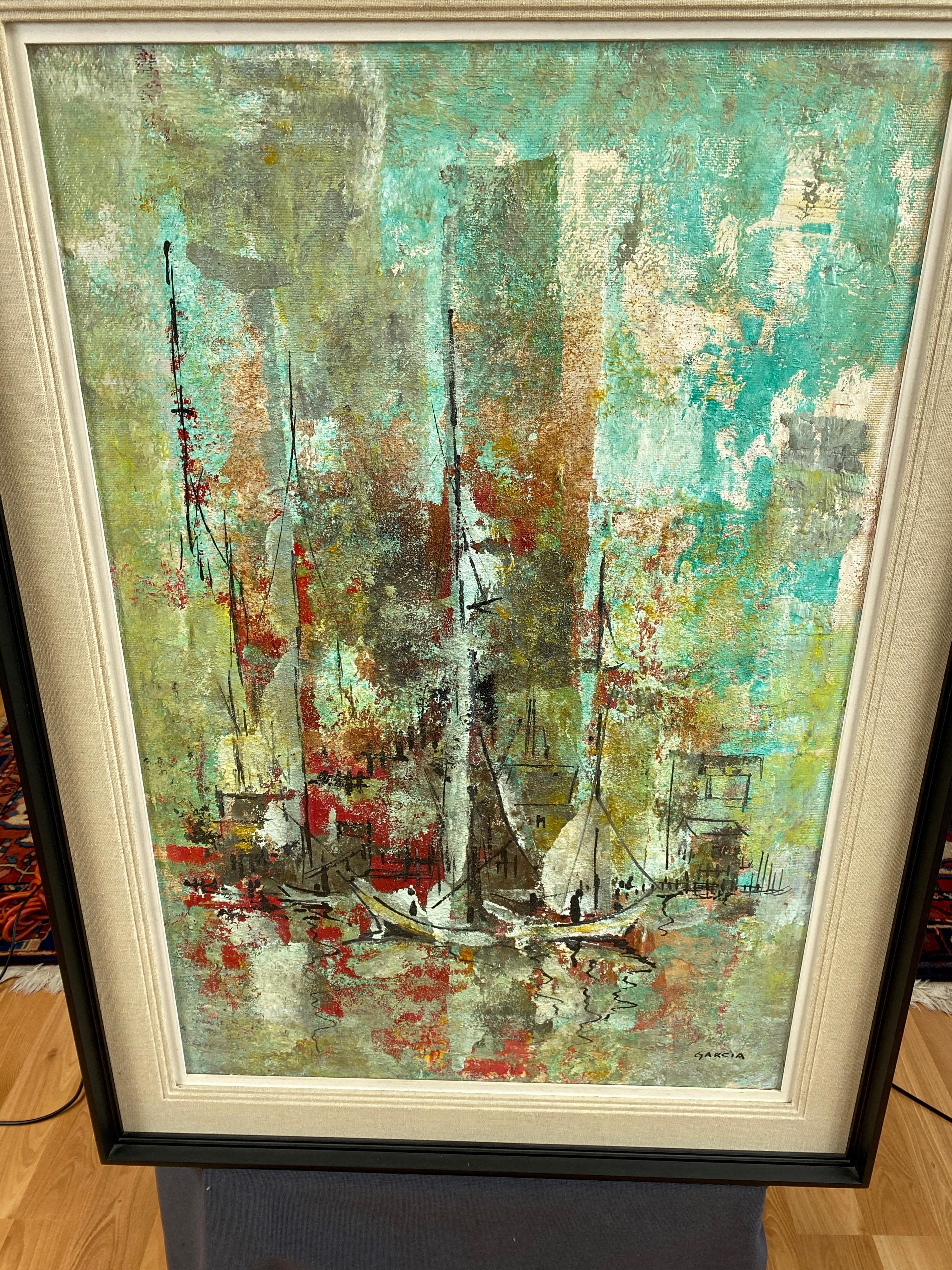 Linen Danny Garcia “Docked Sailboats” #941, Large Expressionist Painting, 1965