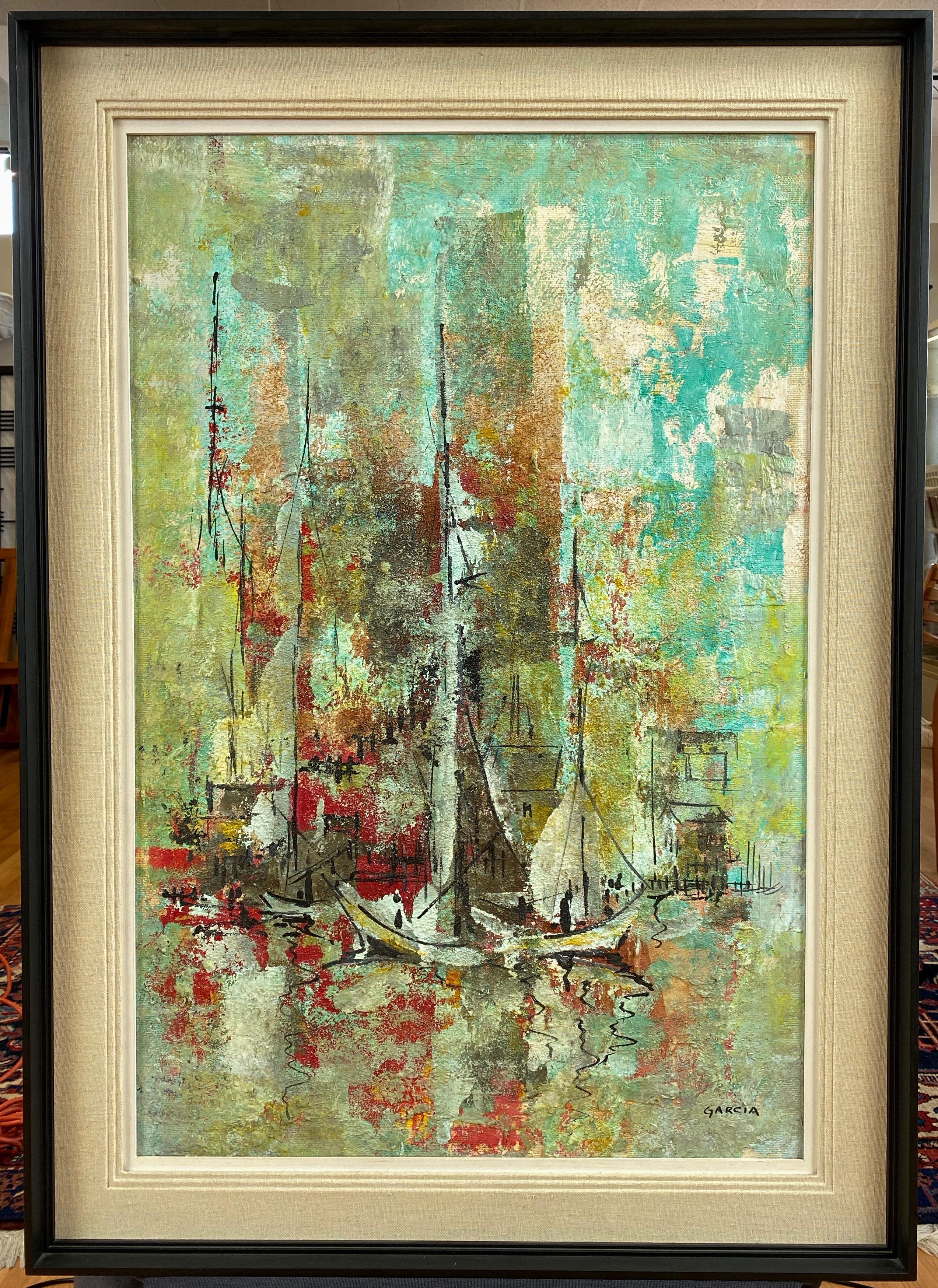 A large mid-century modern expressionist acrylic and oil painting of docked sailboats by important northern California artist Daniel “Danny” Garcia (b. 1929–2012).

Monterey-born, Carmel-by-the-Sea-based artist and gallery owner Danny Garcia was a