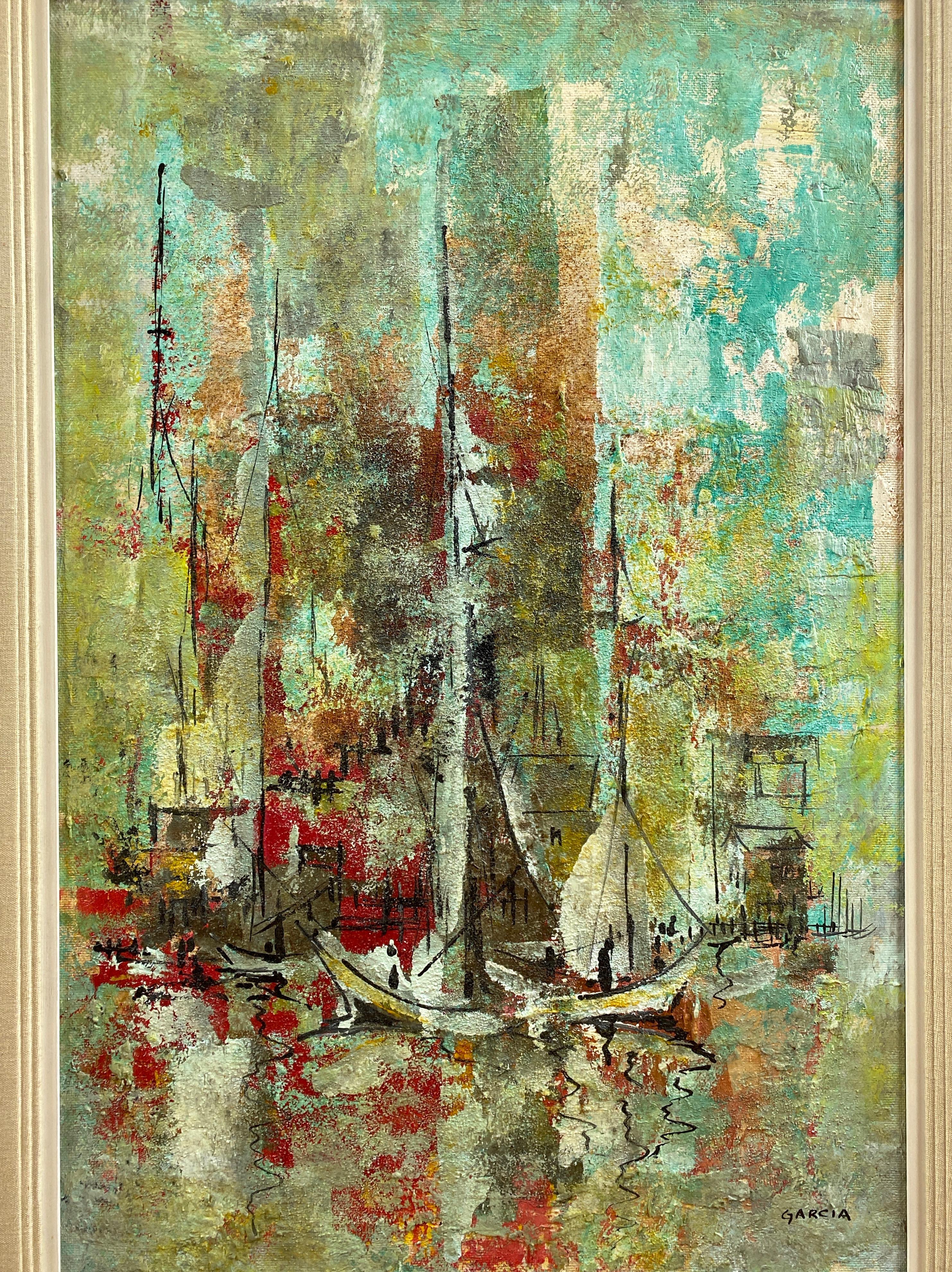 Mid-20th Century Danny Garcia “Docked Sailboats” #941, Large Expressionist Painting, 1965