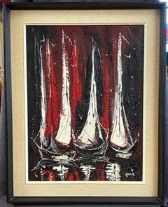 Danny Garcia “Moored Sailboats” #2239, Expressionist Mixed-Media Painting, 1968