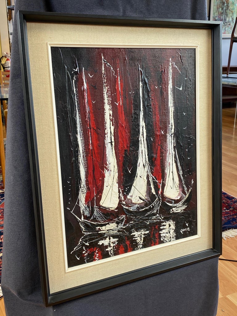 American Danny Garcia “Moored Sailboats” #2239, Expressionist Mixed-Media Painting, 1968 For Sale