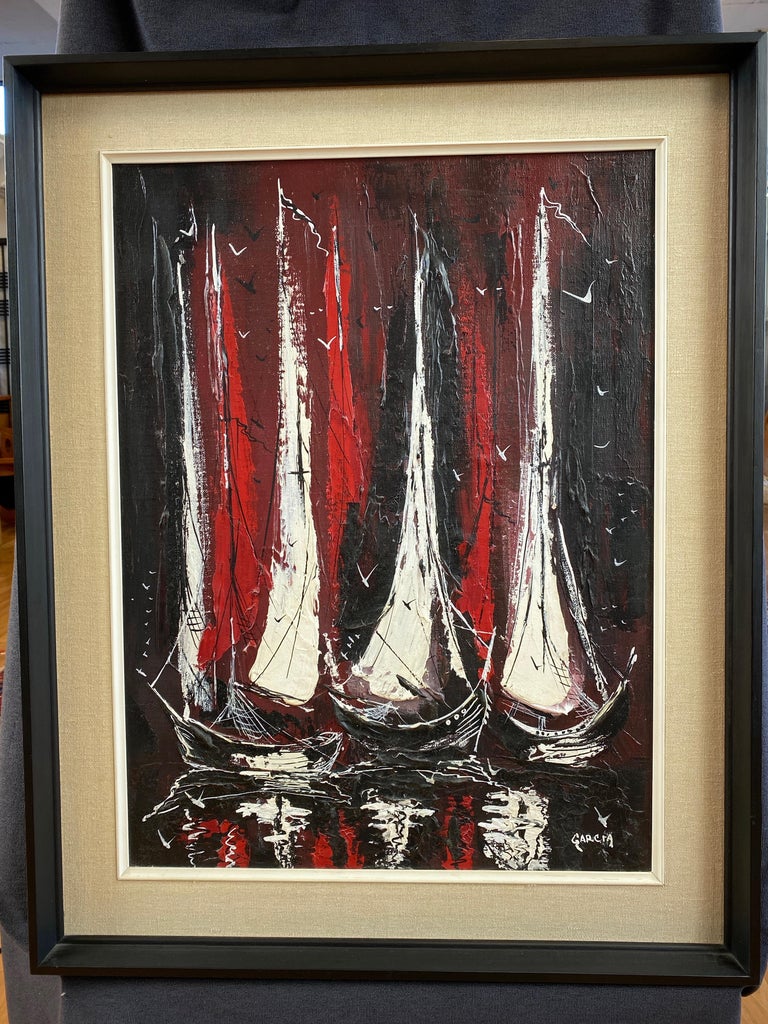 Ebonized Danny Garcia “Moored Sailboats” #2239, Expressionist Mixed-Media Painting, 1968 For Sale