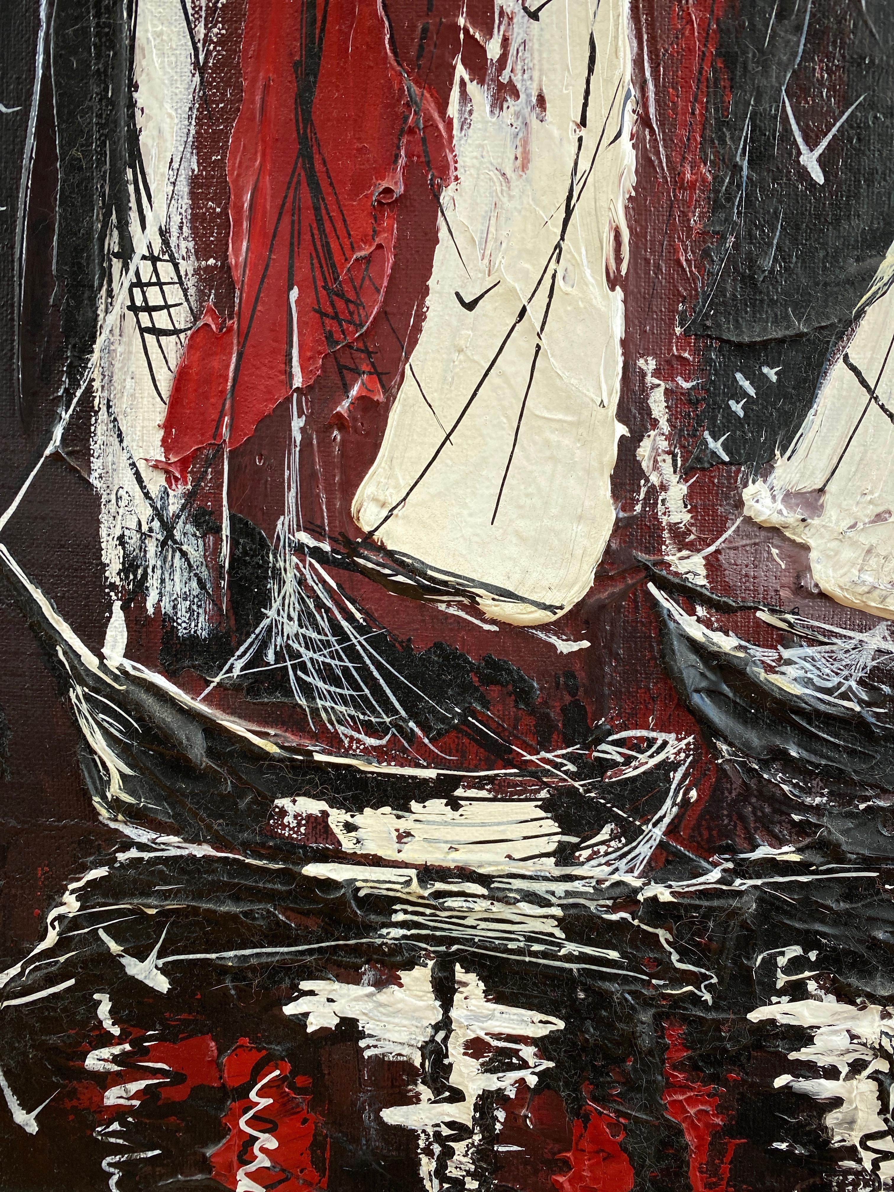 Danny Garcia “Moored Sailboats” #2239, Expressionist Mixed-Media Painting, 1968 In Good Condition For Sale In San Francisco, CA