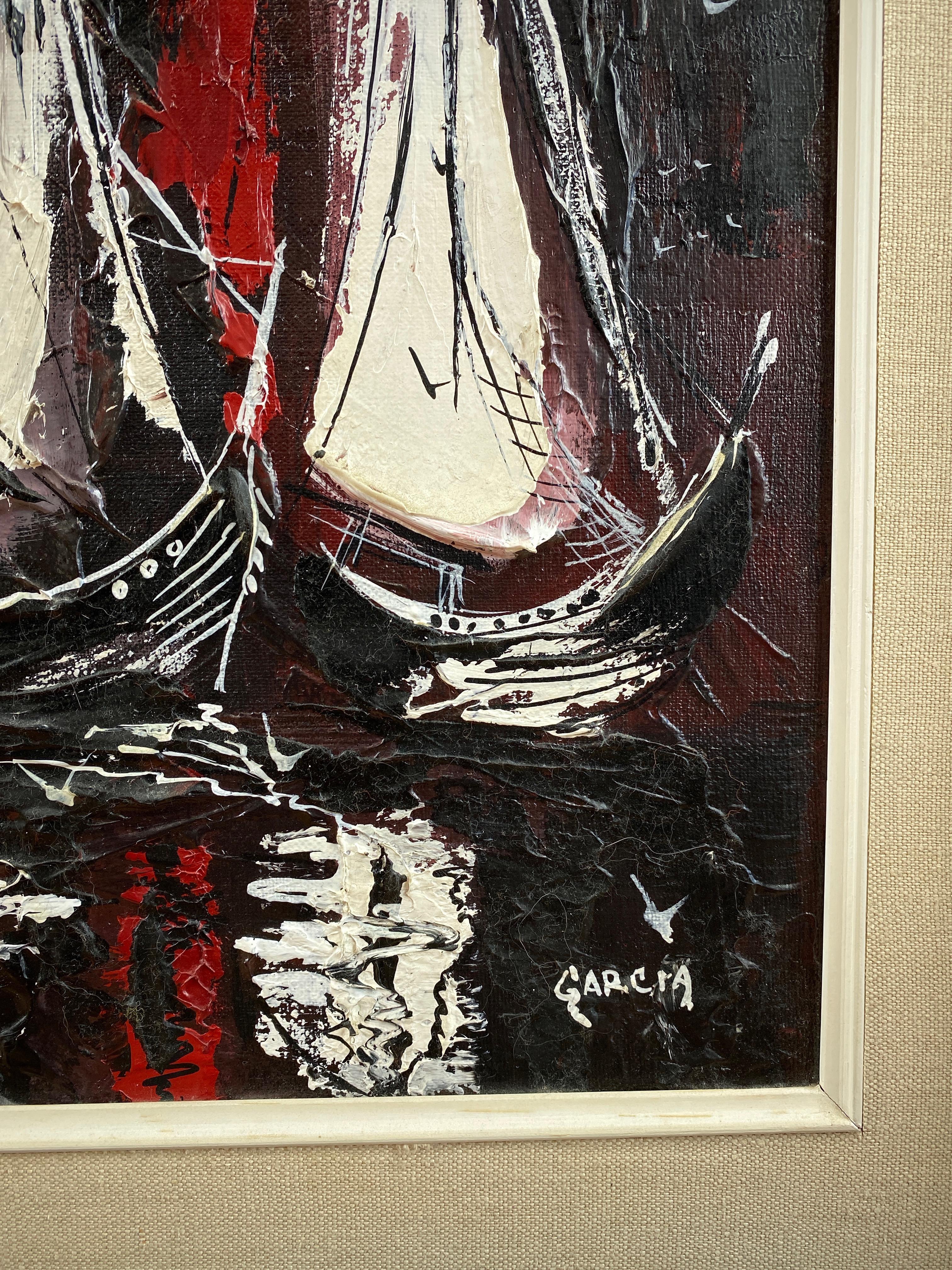 Mid-20th Century Danny Garcia “Moored Sailboats” #2239, Expressionist Mixed-Media Painting, 1968 For Sale