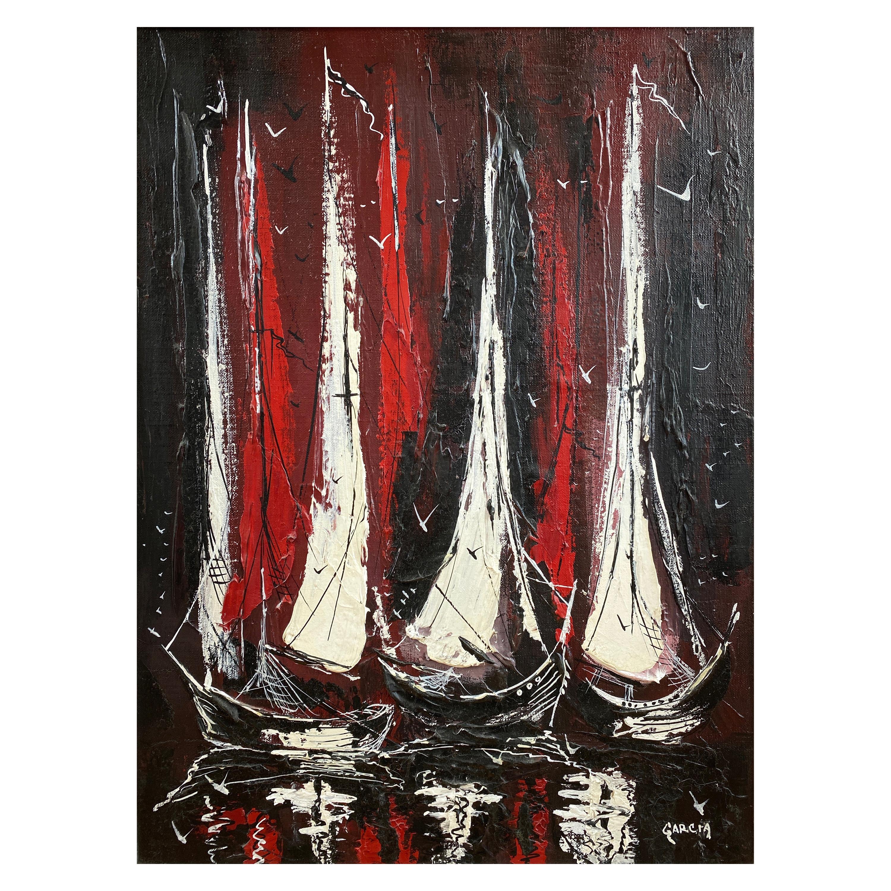 Danny Garcia “Moored Sailboats” #2239, Expressionist Mixed-Media Painting, 1968