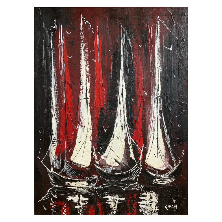 Danny Garcia “Moored Sailboats” #2239, Expressionist Mixed-Media Painting, 1968 For Sale