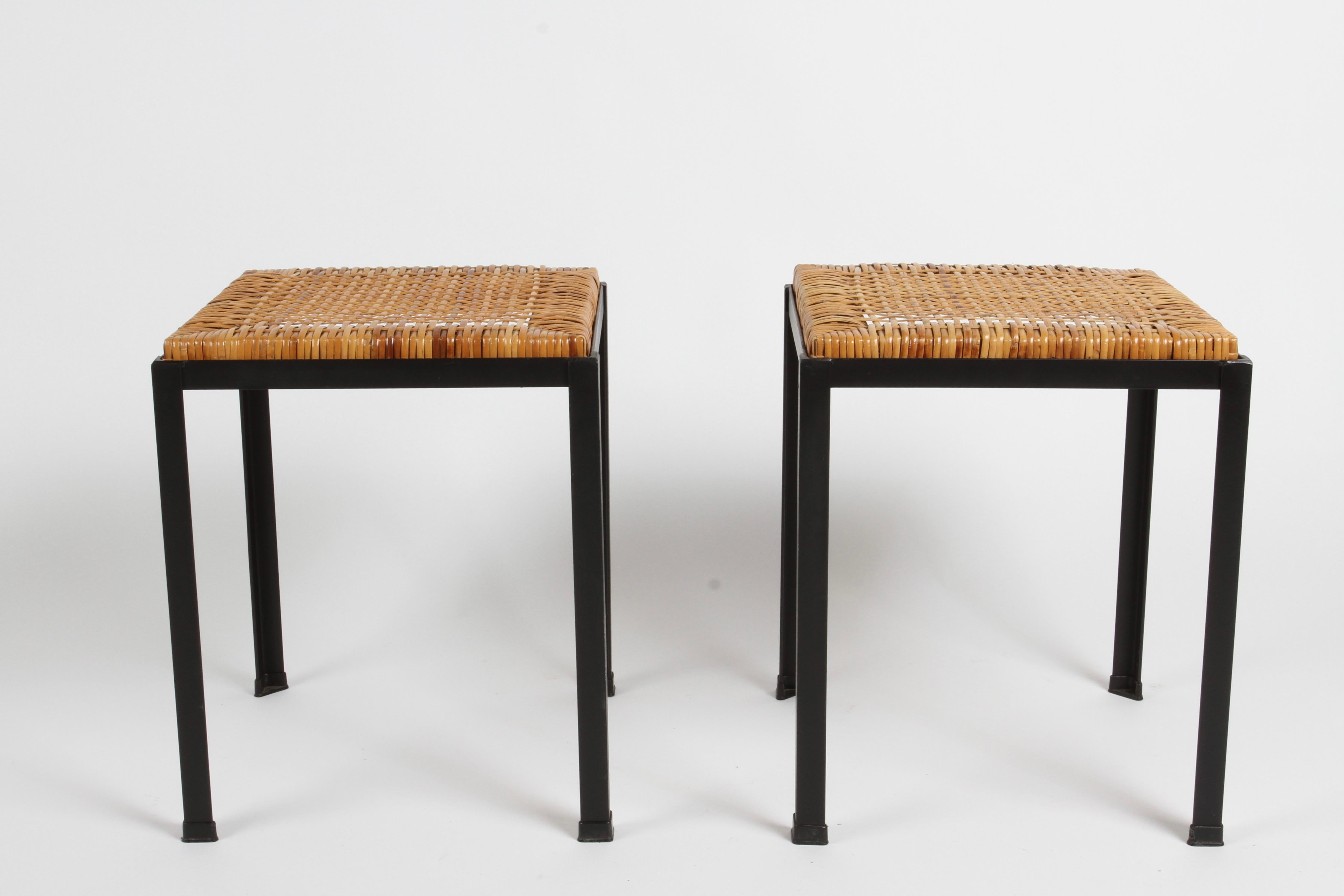 Mid-Century Modern Danny Ho Fong 1960s MCM Black Iron & Natural Wicker Caned Stools or Side Tables  For Sale