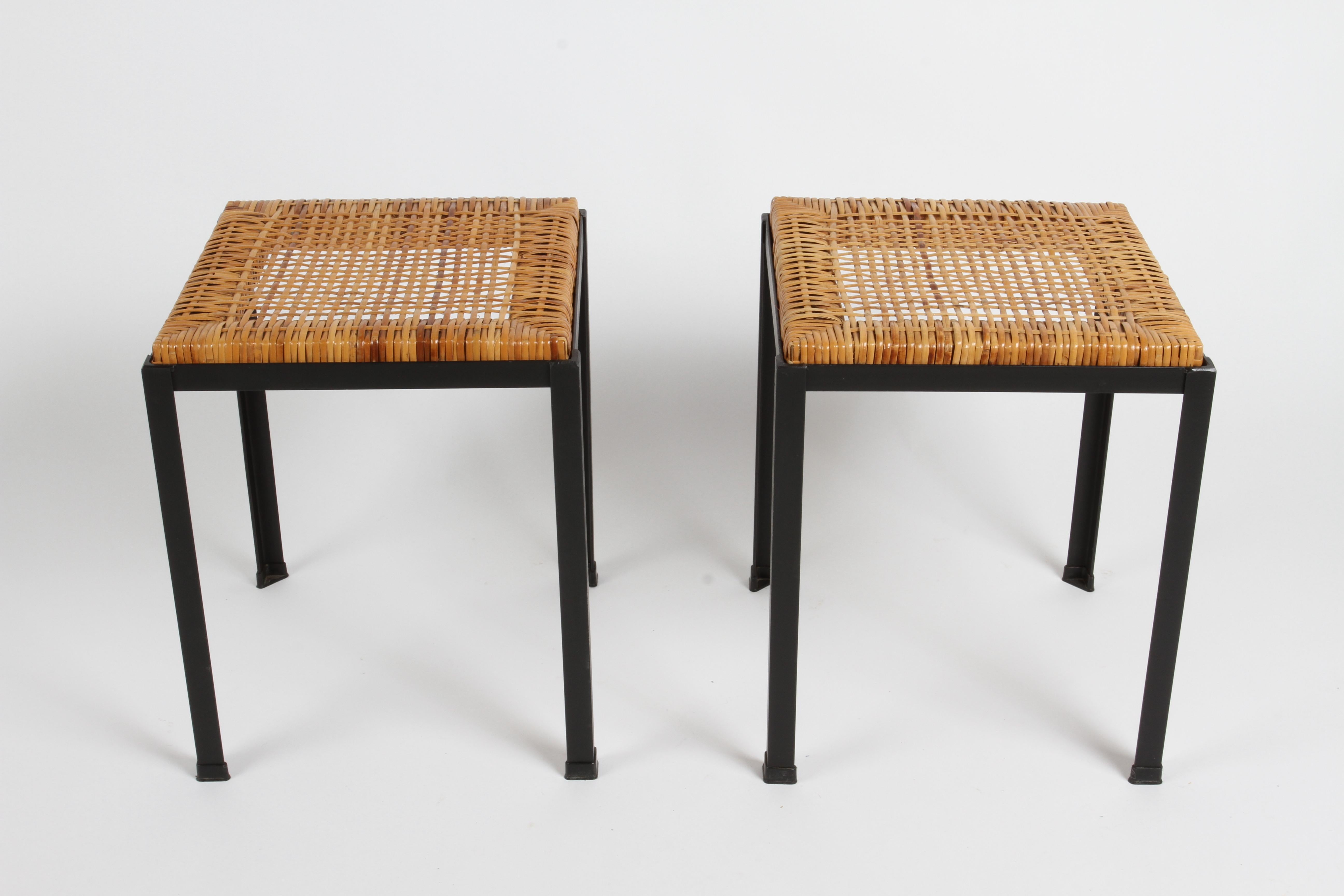 Inconnu Danny Ho Fong 1960's MCM Black Iron & Natural Wicker Caned Stools or Side Tables  en vente