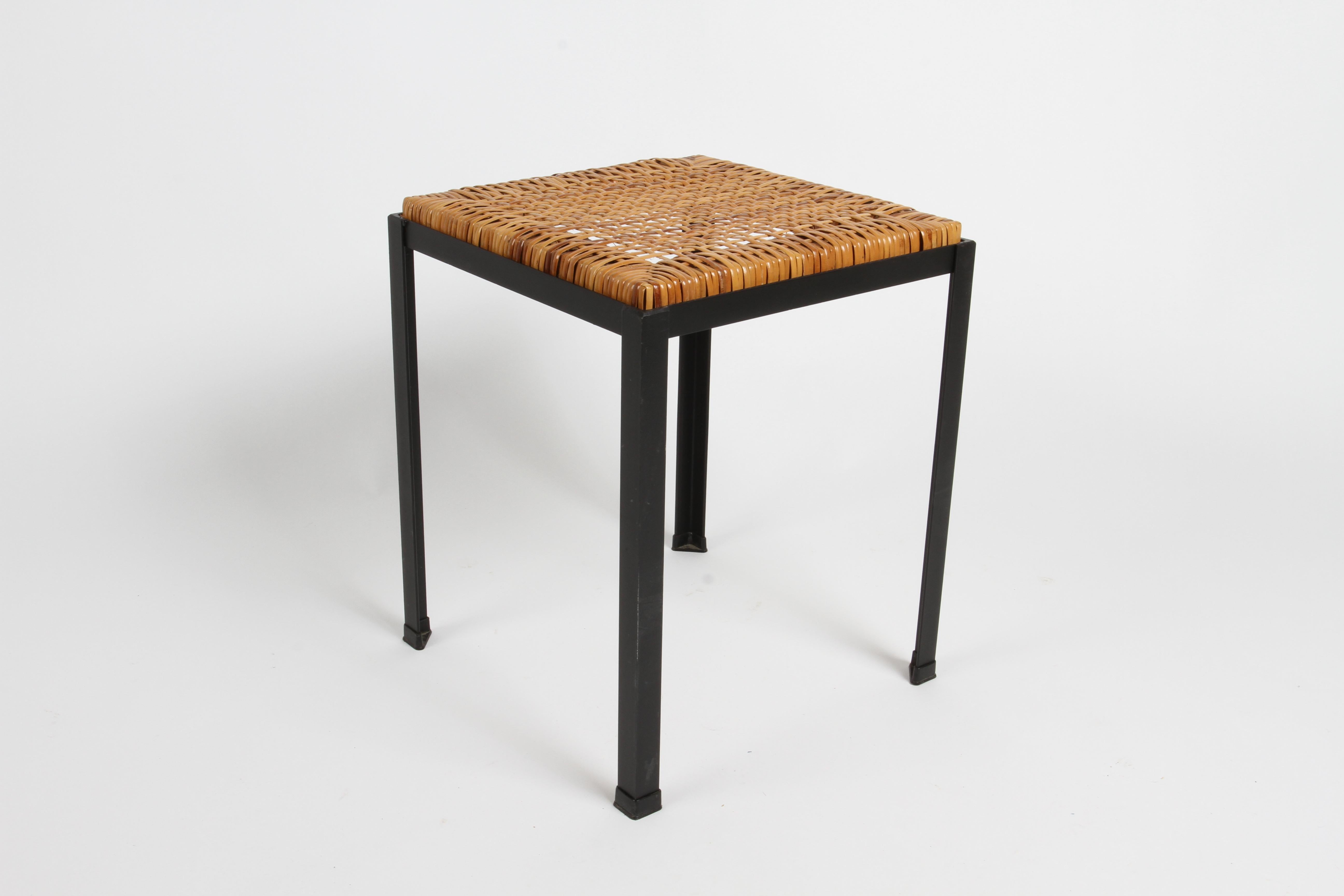 Danny Ho Fong 1960s MCM Black Iron & Natural Wicker Caned Stools or Side Tables  In Good Condition For Sale In St. Louis, MO