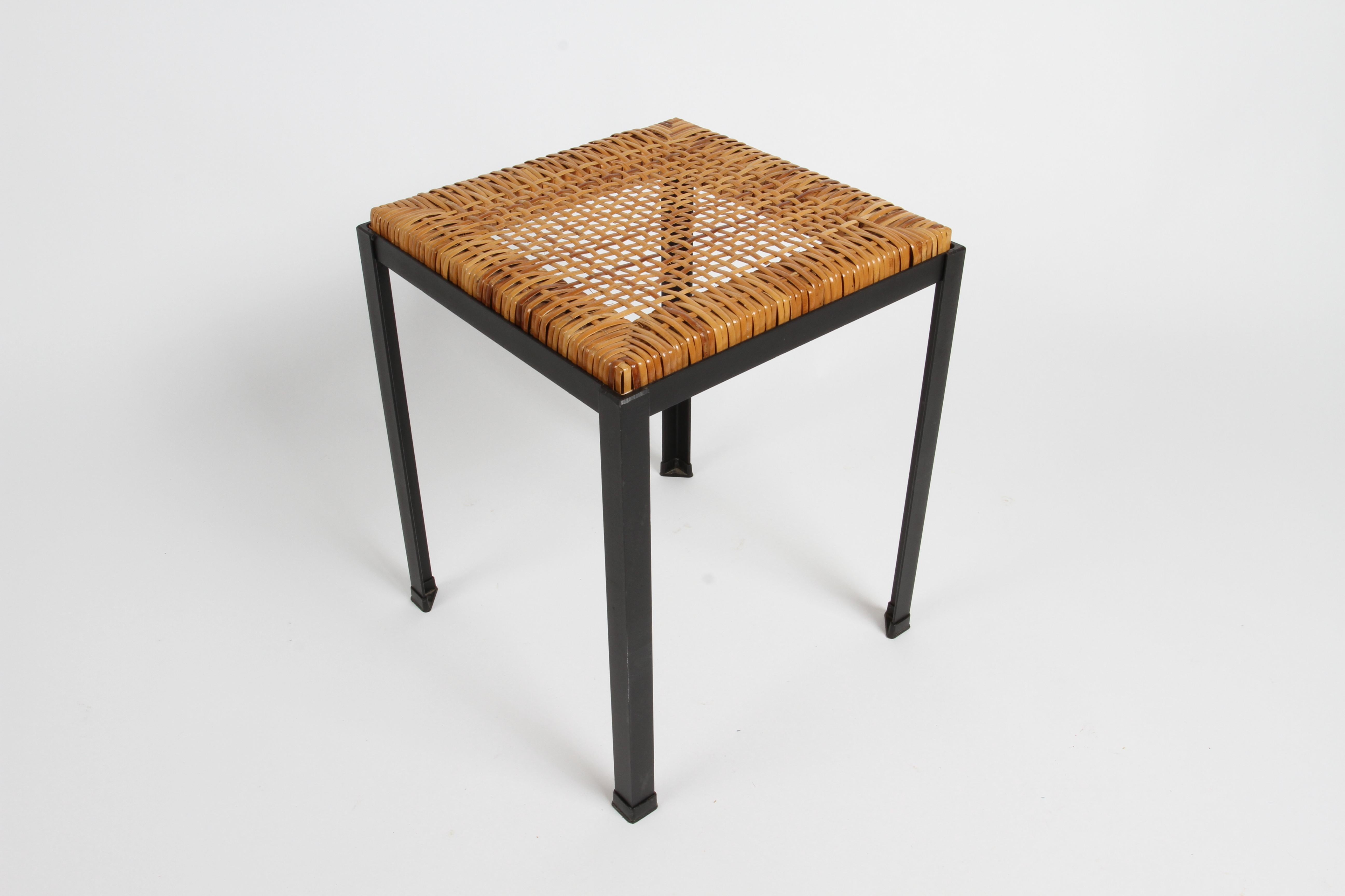 Mid-20th Century Danny Ho Fong 1960s MCM Black Iron & Natural Wicker Caned Stools or Side Tables  For Sale