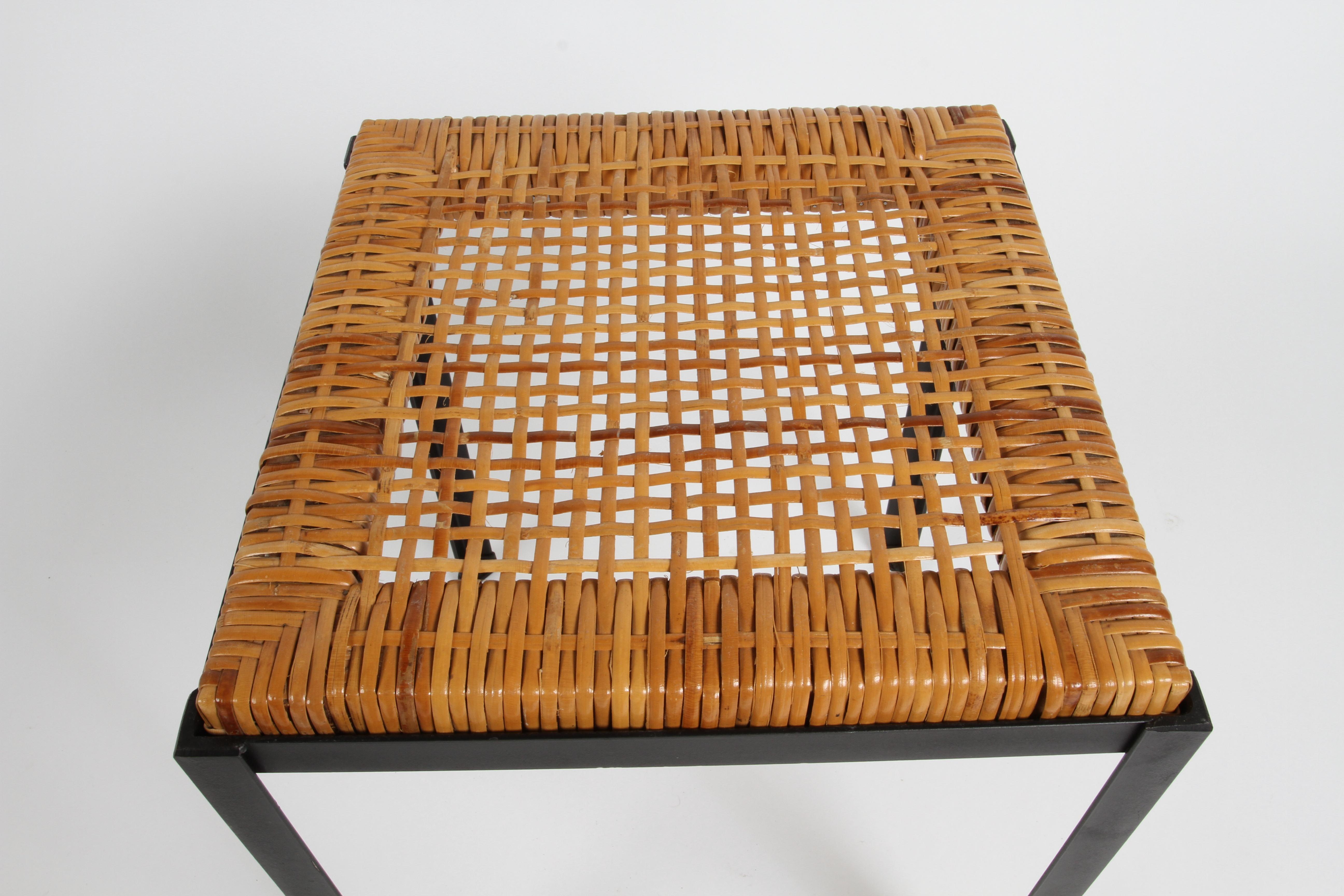 Danny Ho Fong 1960s MCM Black Iron & Natural Wicker Caned Stools or Side Tables  For Sale 3