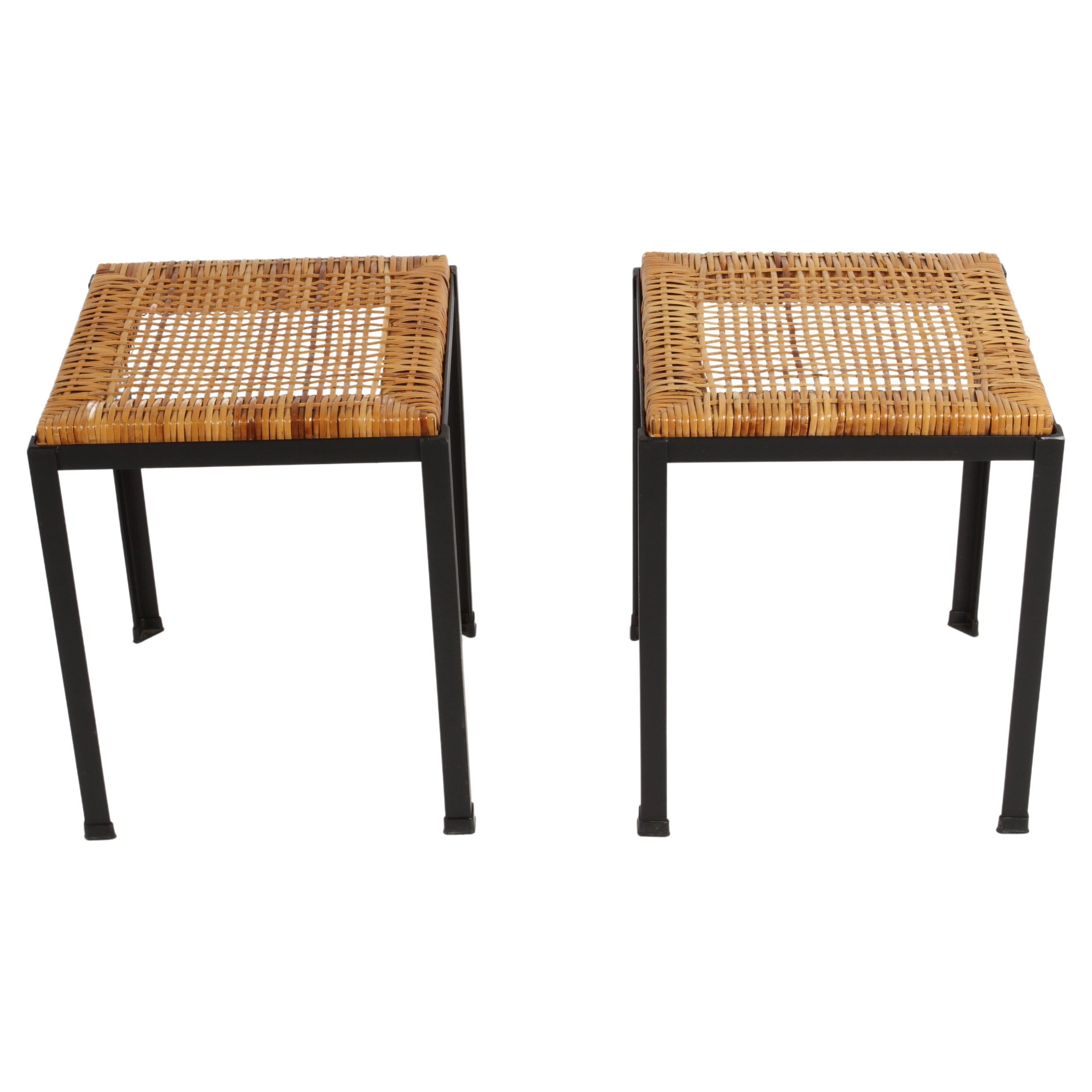 Danny Ho Fong 1960s MCM Black Iron & Natural Wicker Caned Stools or Side Tables 
